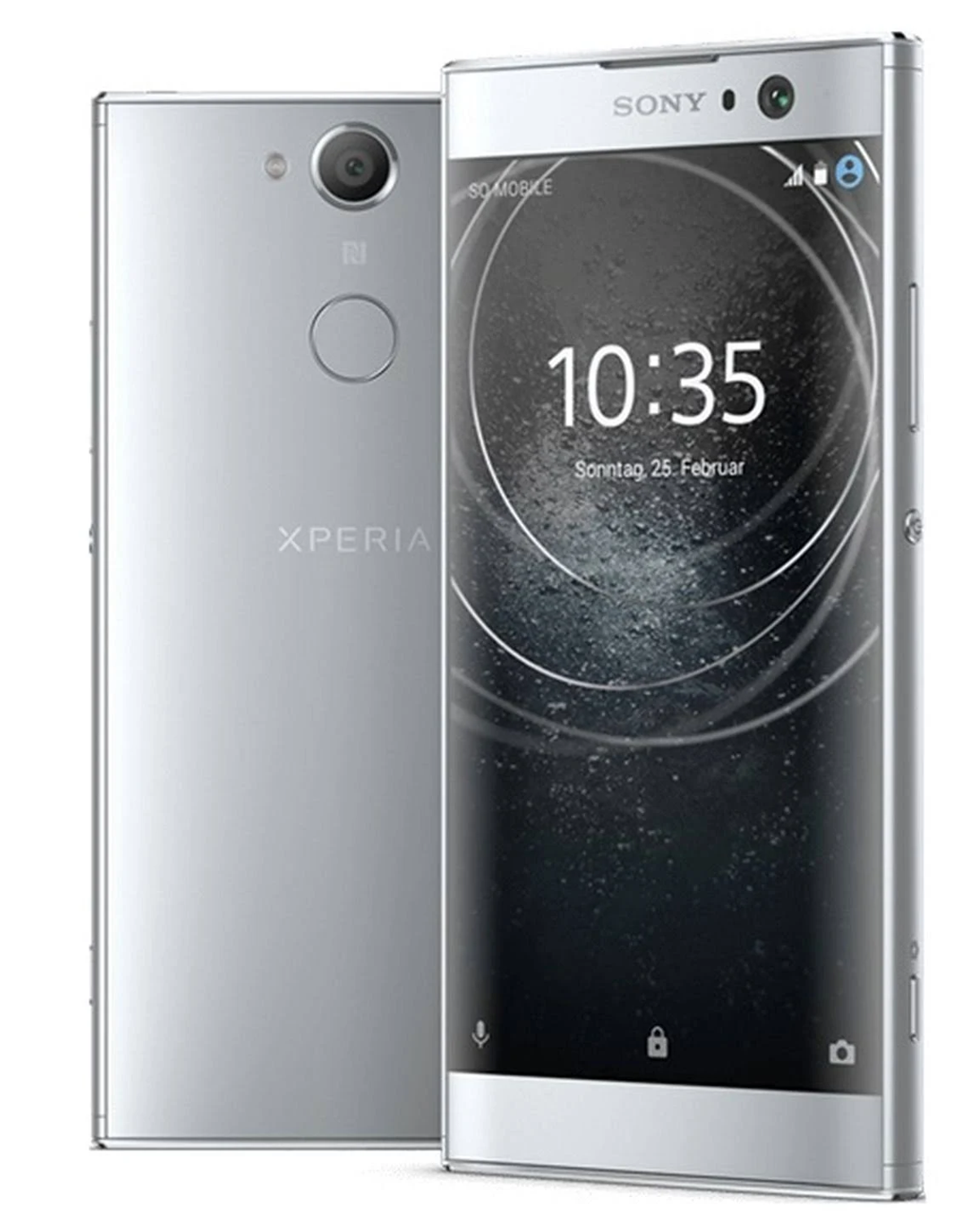 Silbernes Sony Xperia-Telefon, Vorder- und Rückansicht, mit Bildschirm und Kamera.