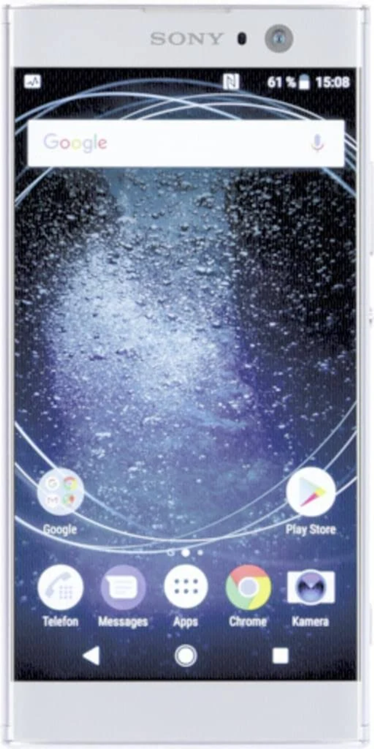 Weißes Sony-Telefon, Vorderansicht, Bildschirm zeigt Apps. Google, Telefon, Nachrichten, Chrome, Kamera-Symbole.