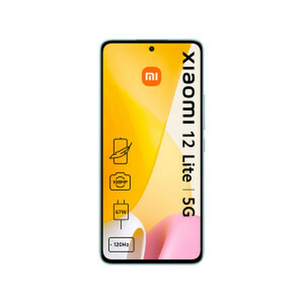 Telefon Xiaomi 12 Lite 5G. Wyświetlacz pokazuje ikony i specyfikacje. Jasnoniebieska ramka, białe tło.