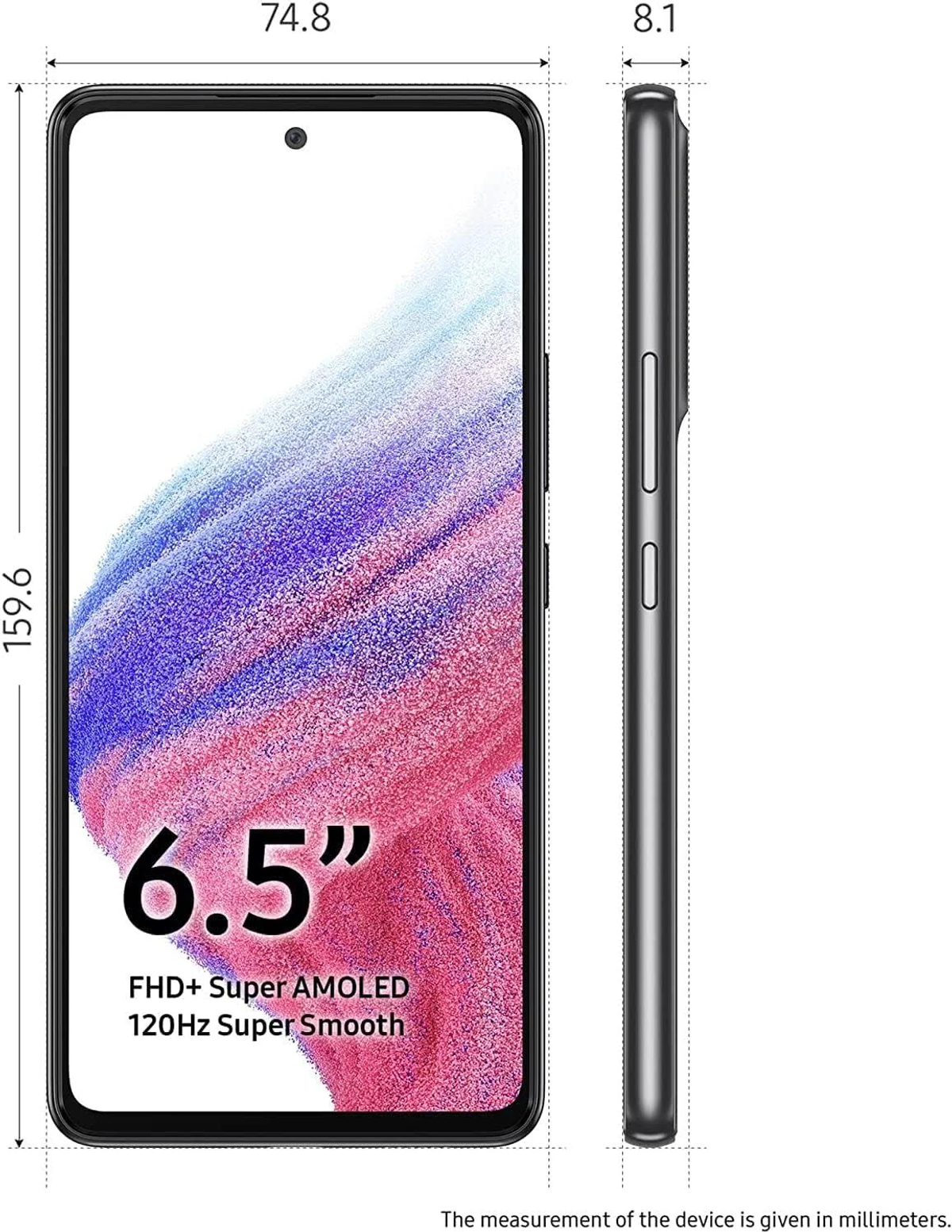 Czarny telefon z ekranem pokazującym wymiary. Ekran wyświetla 6.5", FHD+, 120Hz i wymiary.