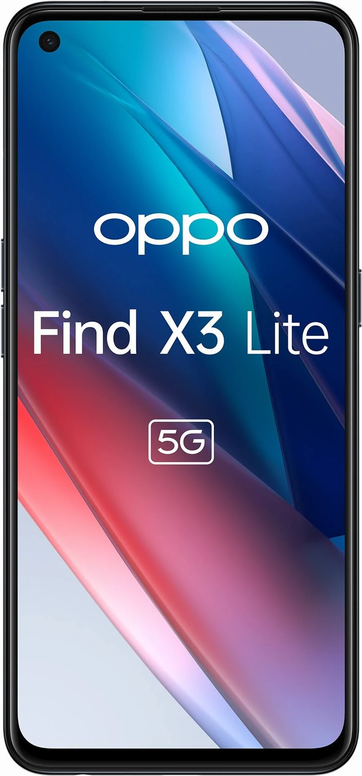 Telefon Oppo Find X3 Lite 5G. Ma czarną ramkę i kolorowe tło.