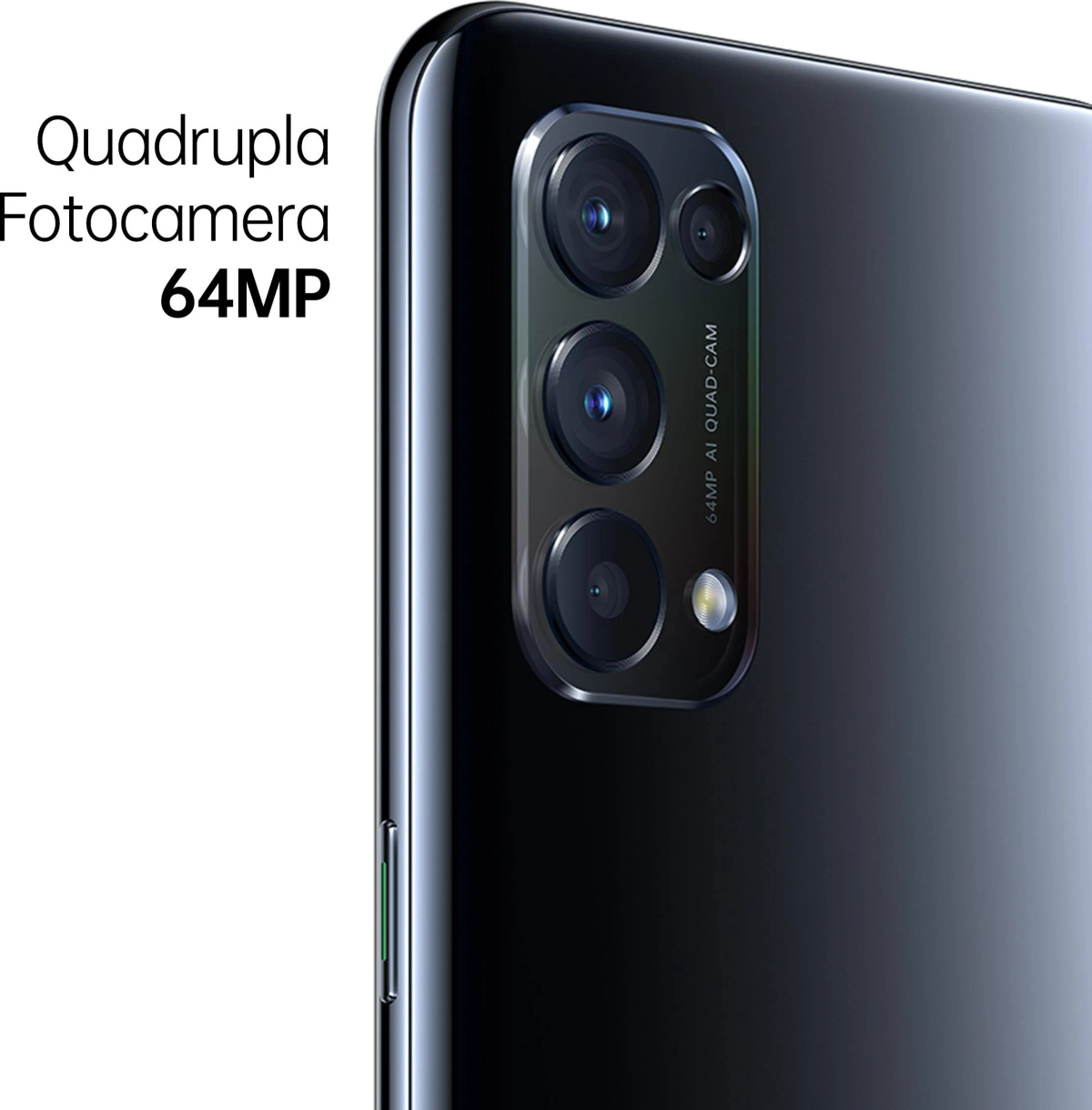 Zbliżenie czarnego telefonu z poczwórnym aparatem. Widoczny jest tekst w języku hiszpańskim.