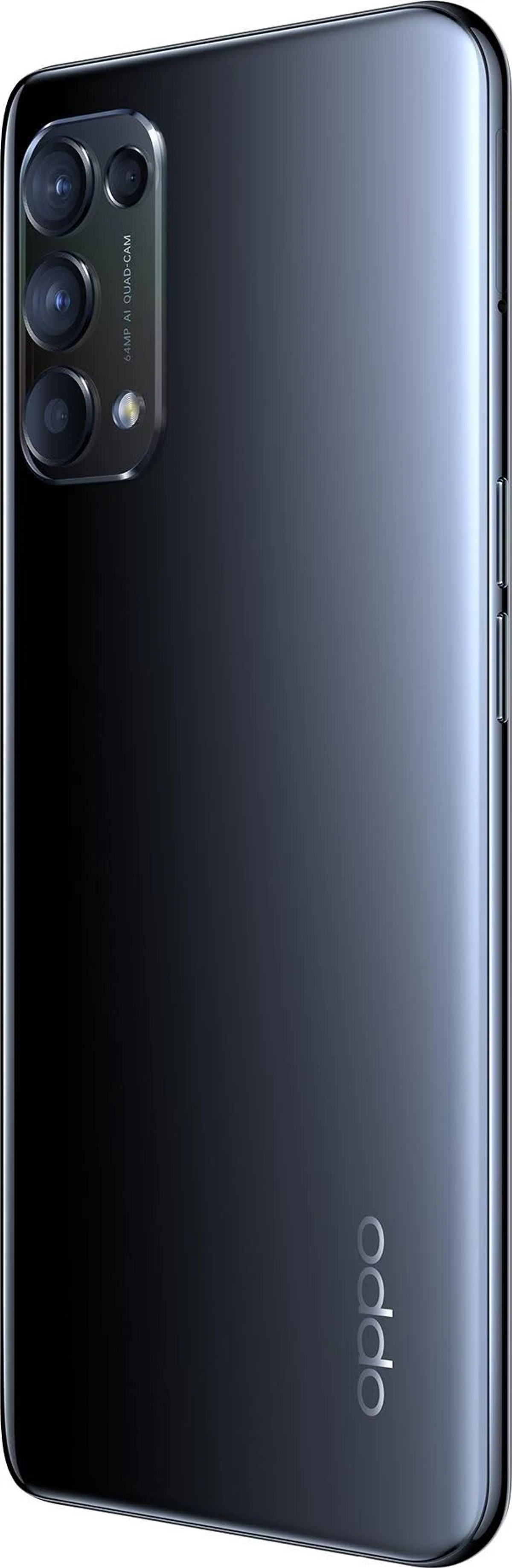 Czarny smartfon Oppo, z wieloma aparatami z tyłu. Logo Oppo znajduje się w dolnej części.