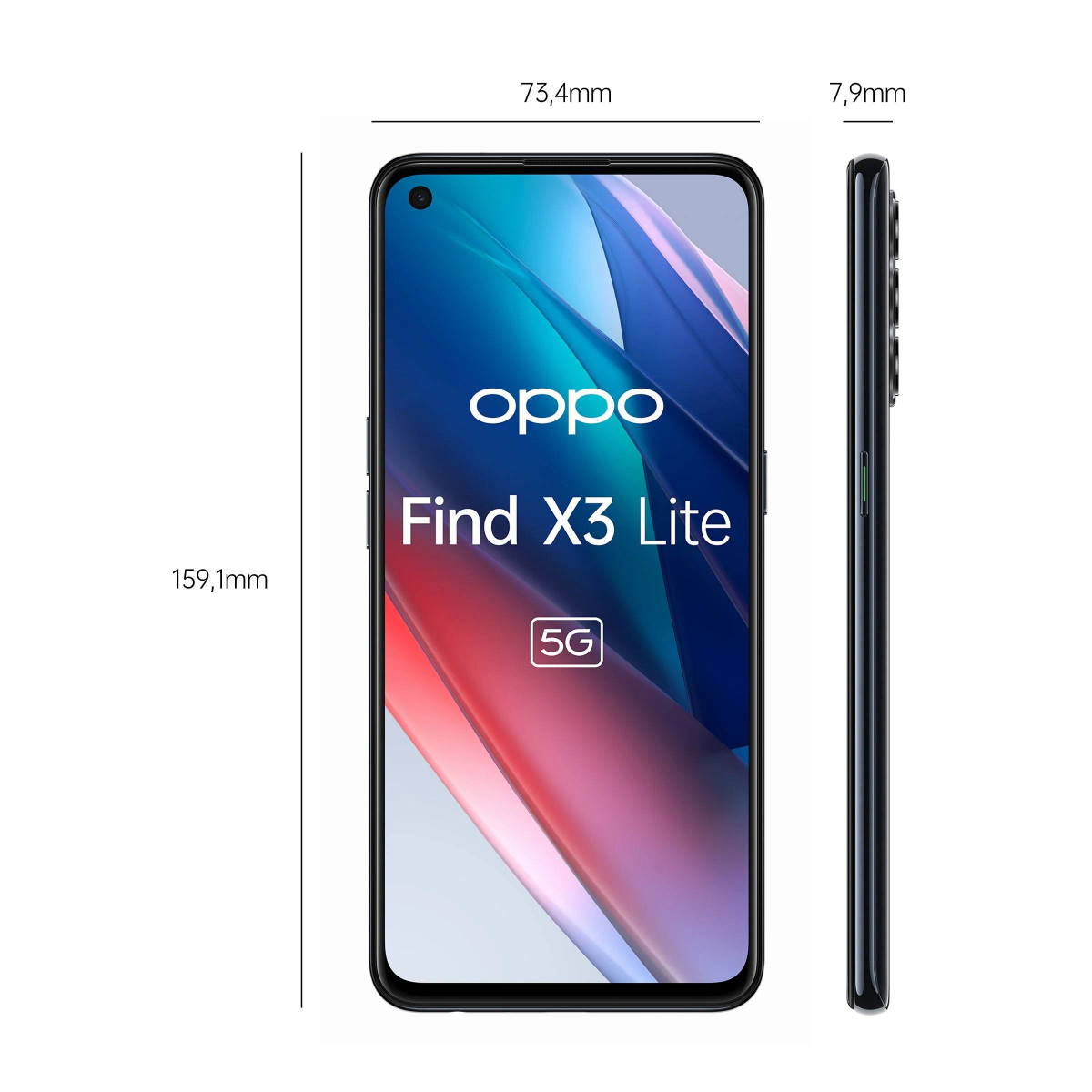 Telefon Oppo Find X3 Lite z wymiarami. Czarna ramka, biały tekst na wyświetlaczu.
