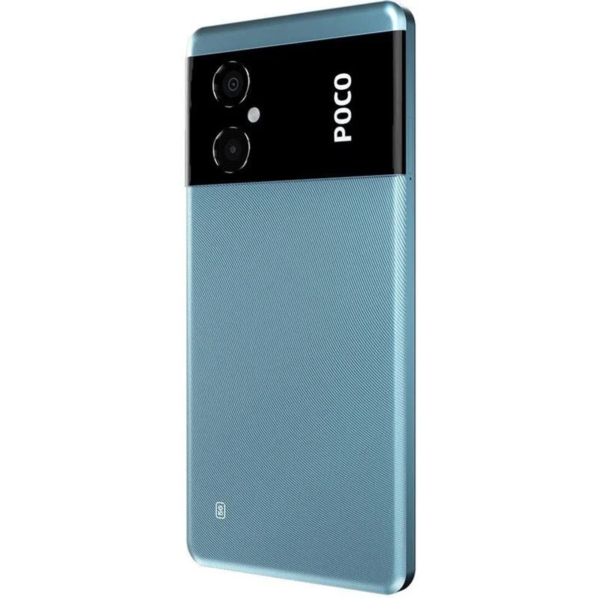 Niebieski telefon Poco z czarną sekcją aparatu, z logo Poco.