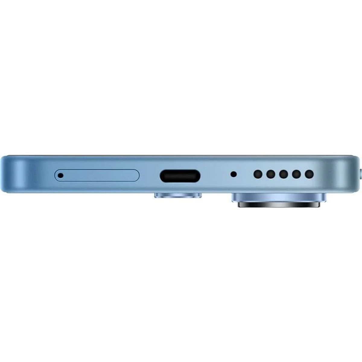 Telefon-Seitenansicht, blau, mit Anschlüssen und Kamera. Weißer Hintergrund.