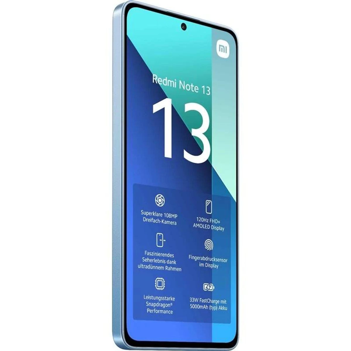 Blauer Telefonbildschirm mit Informationen. 'Redmi Note 13' wird angezeigt.