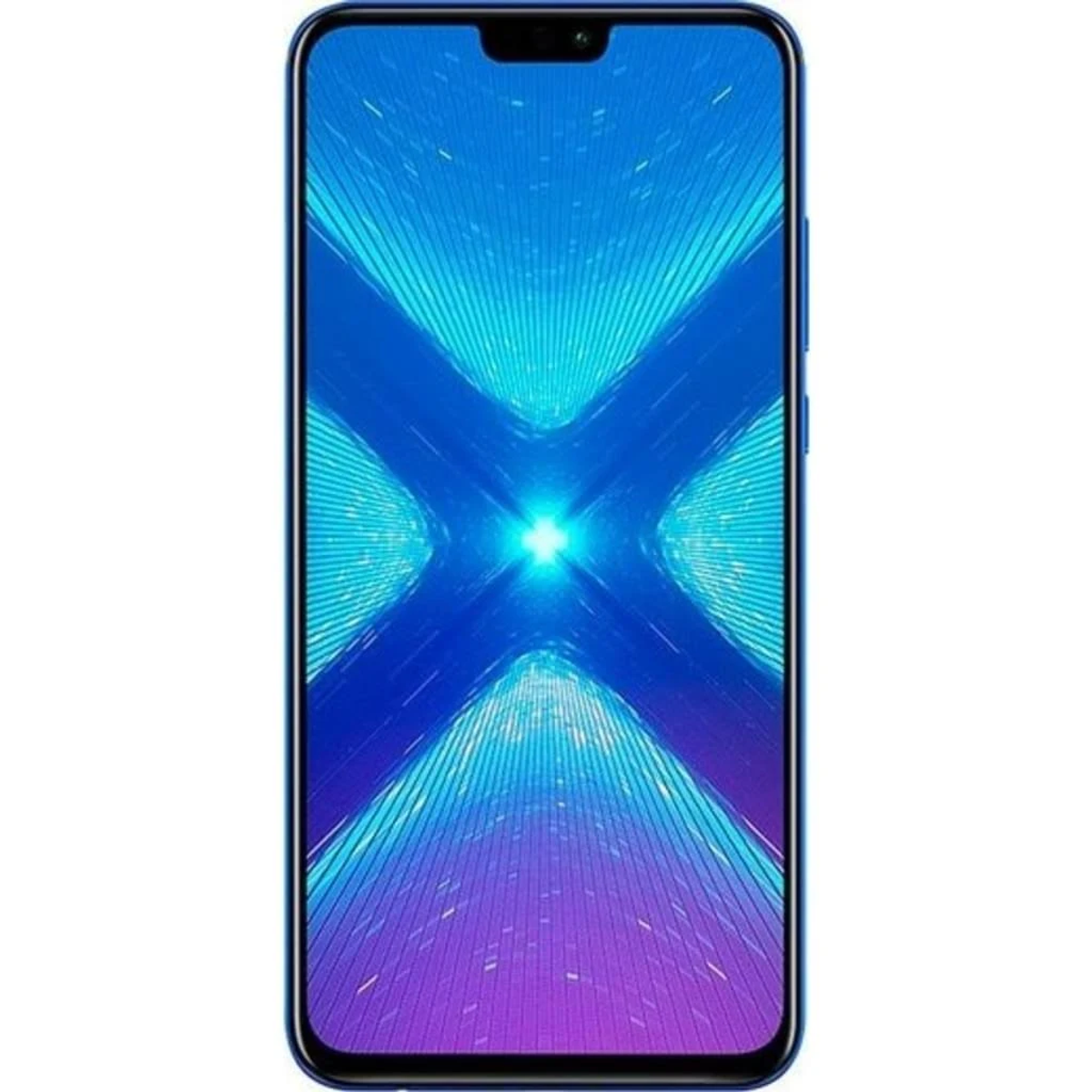 Teléfono Honor azul. Vista frontal. Diseño degradado azul en pantalla. Marco negro. Fondo blanco.