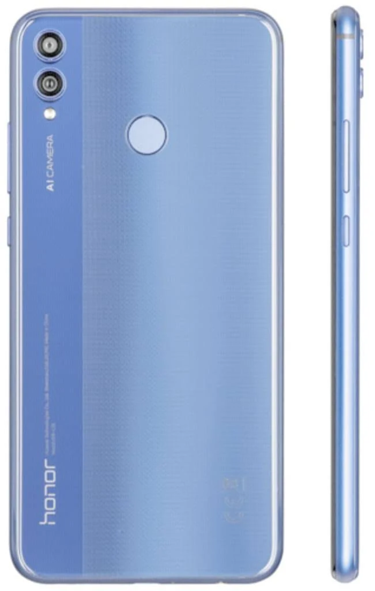 Un smartphone azul con configuración de cámara dual, vista trasera y lateral, logotipo HONOR y etiqueta de cámara AI.