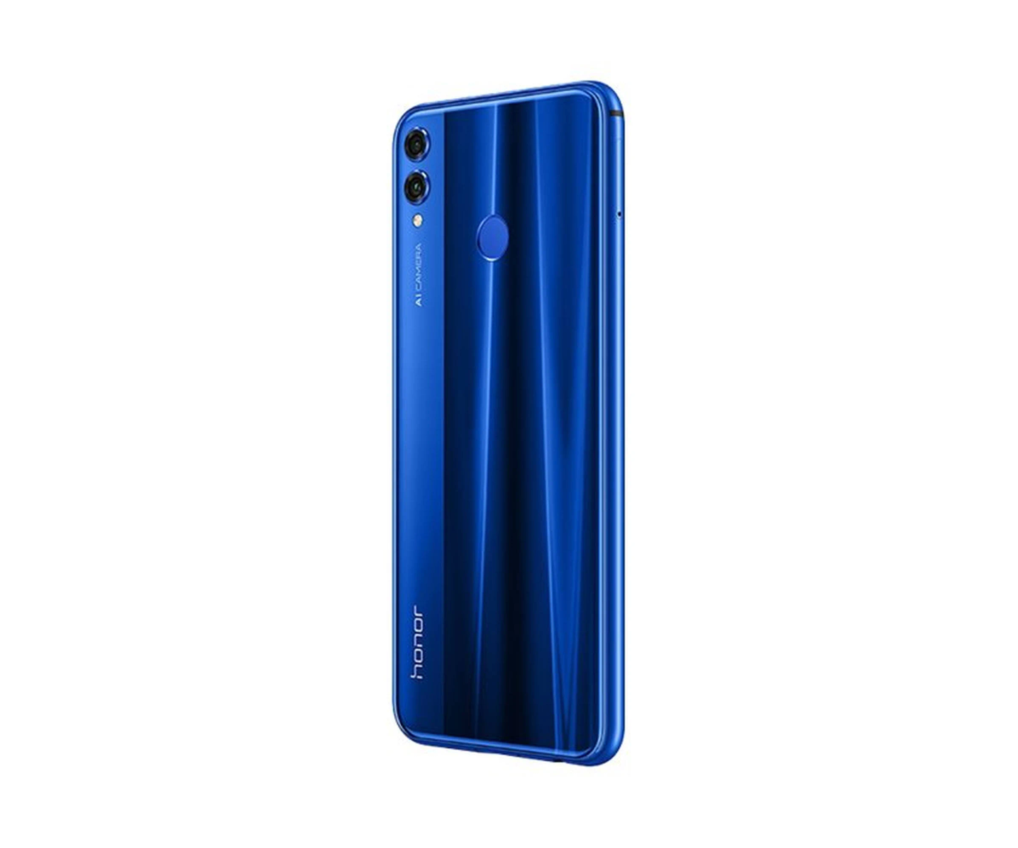 Teléfono azul en ángulo, vista trasera, con cámaras duales y sensor de huellas.