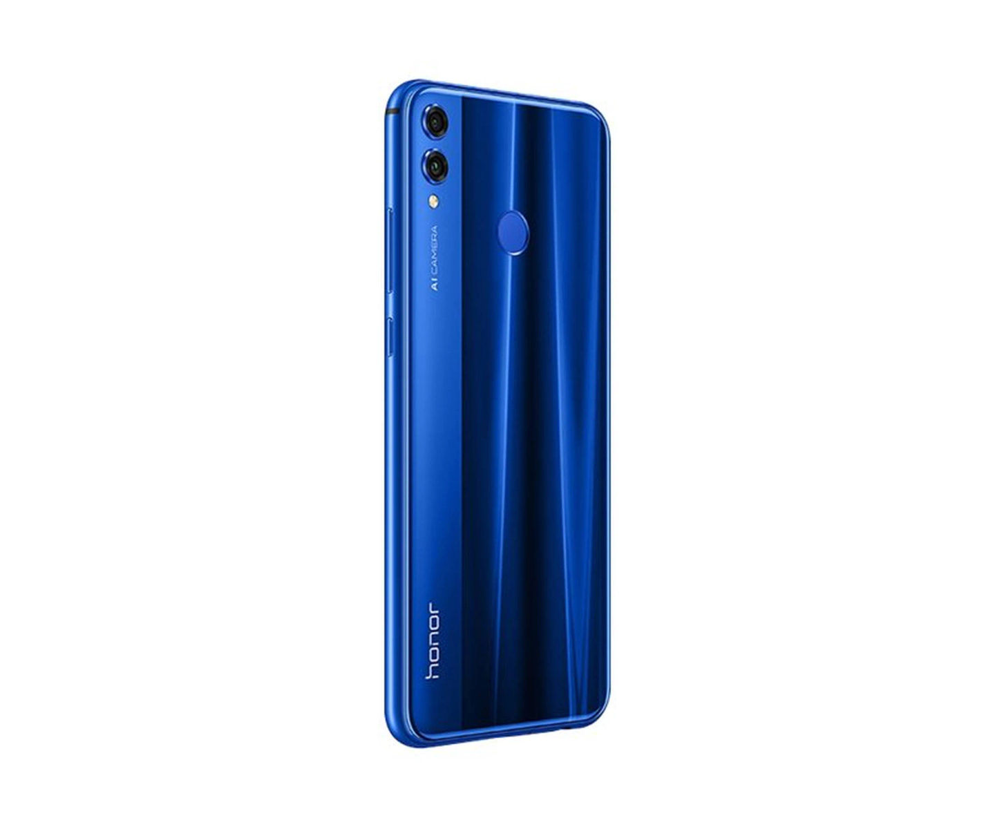 Parte trasera de un smartphone azul. El teléfono tiene líneas verticales y las palabras AI CAMERA y Honor.