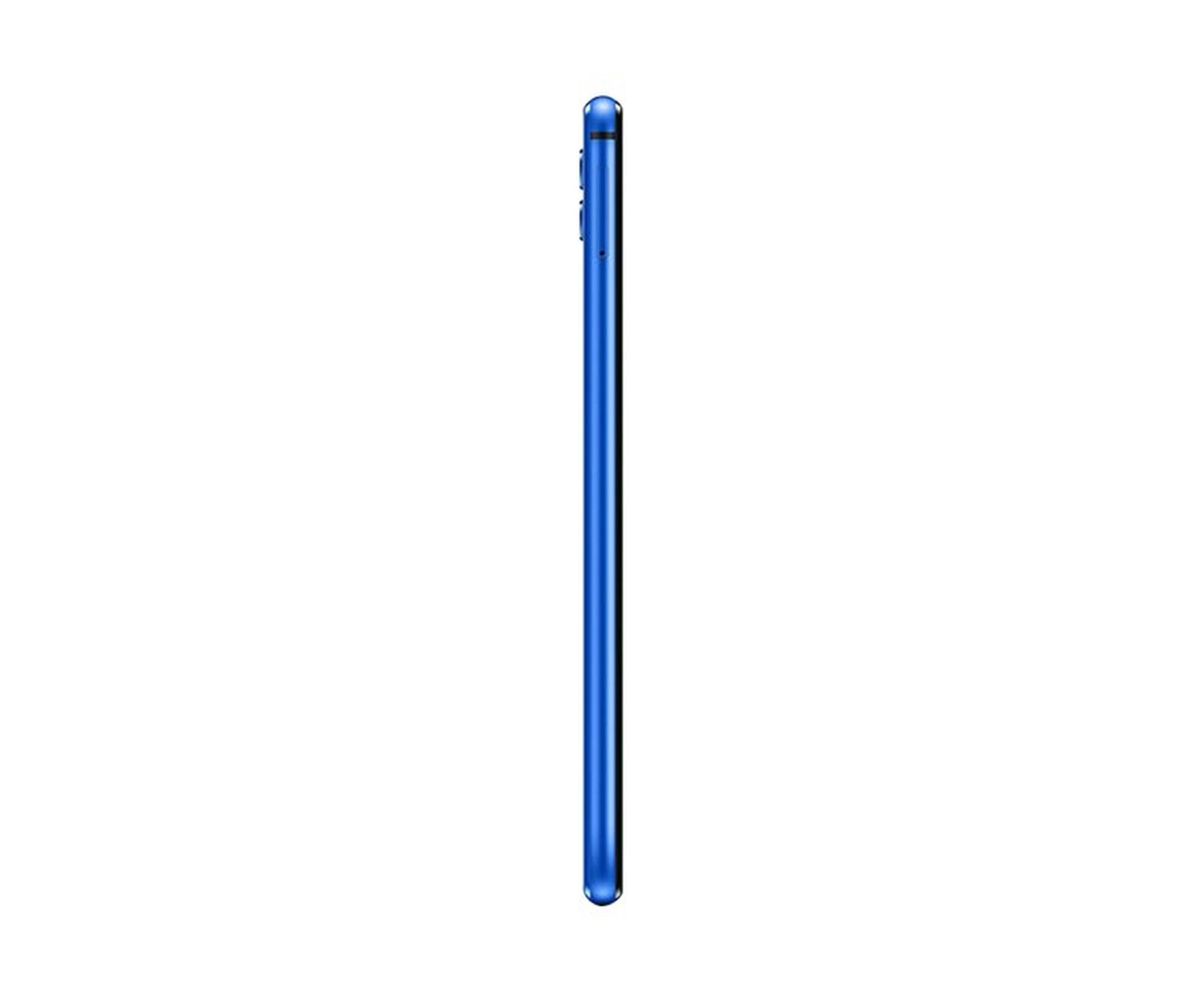 Smartphone azul, vista lateral. Delgado y elegante. Fondo blanco.