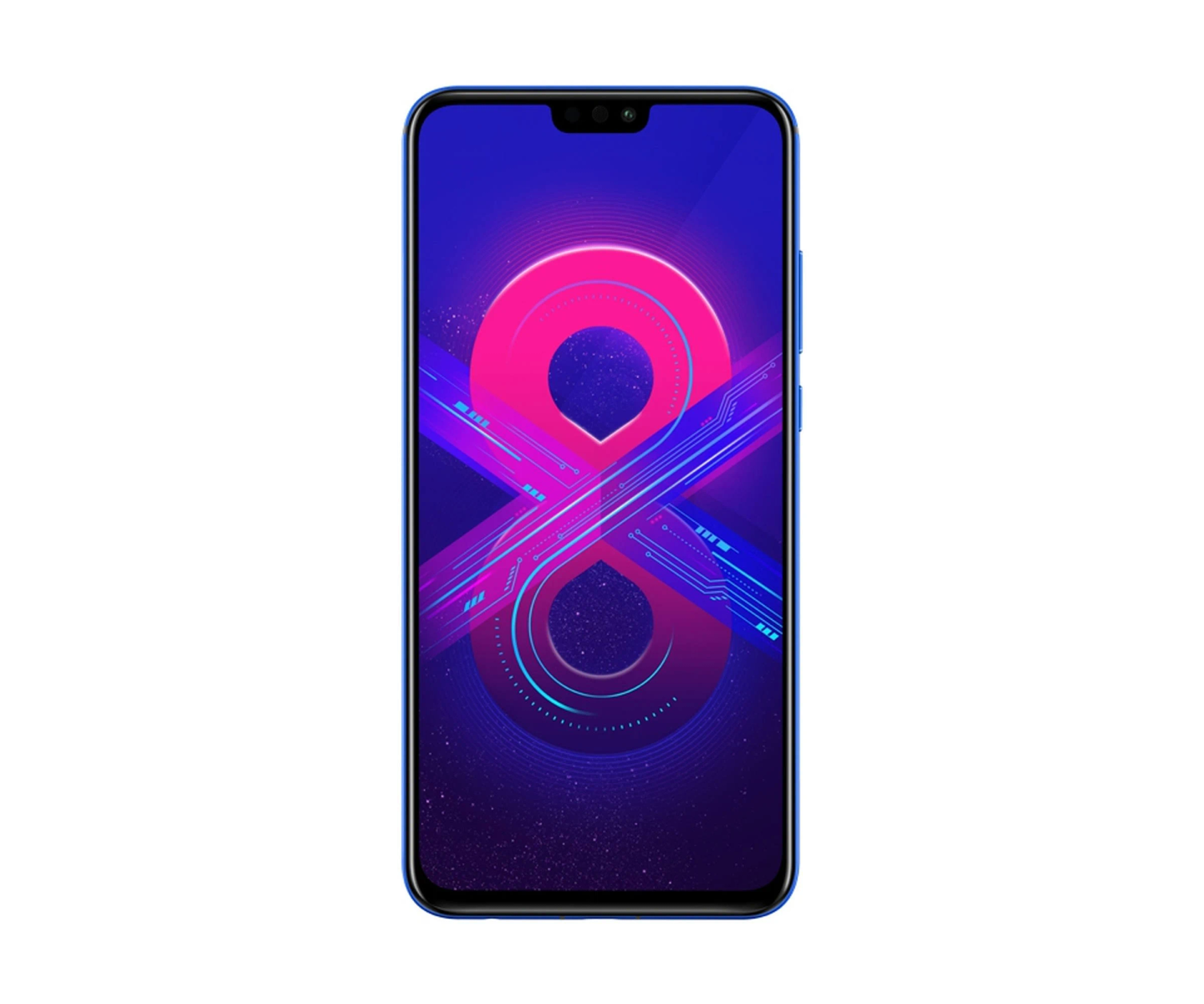 Teléfono mostrando un diseño abstracto rosa y azul, bisel azul, fondo blanco.
