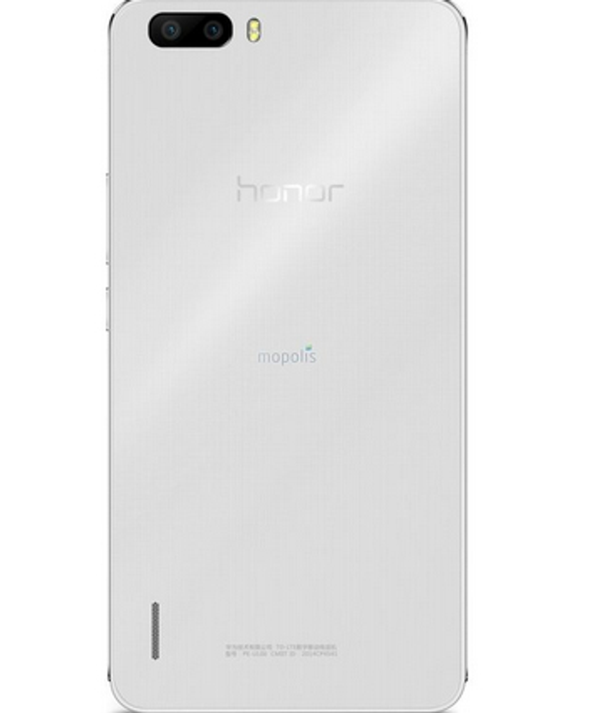 Weiße Telefonrückseite, mit Dual-Kameras, Honor-Logo und weißem Hintergrund. Minimalistisches Design.