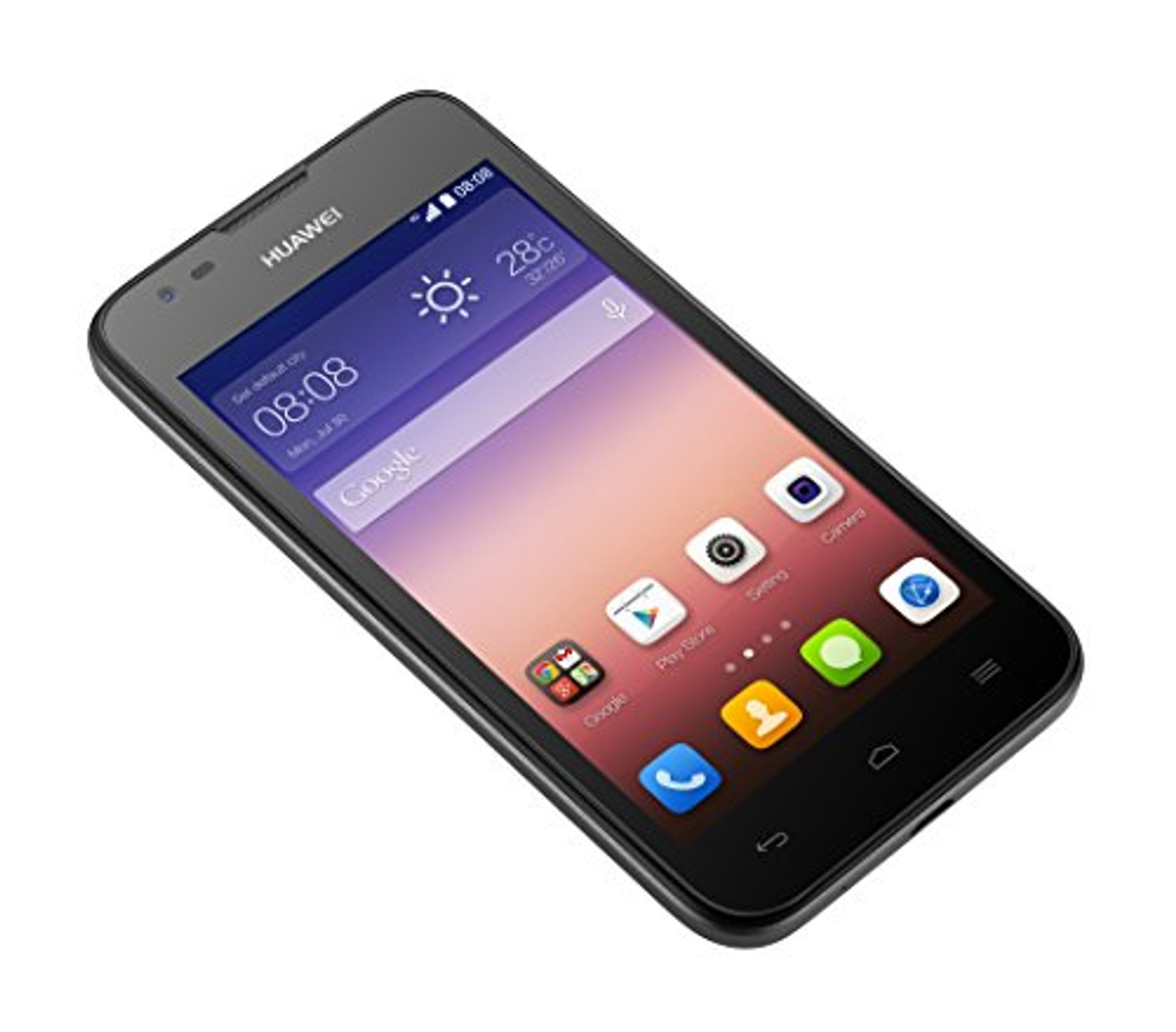 Schwarzes Huawei-Smartphone auf weißem Hintergrund. Der Bildschirm zeigt Uhrzeit, Datum und mehrere App-Symbole an.