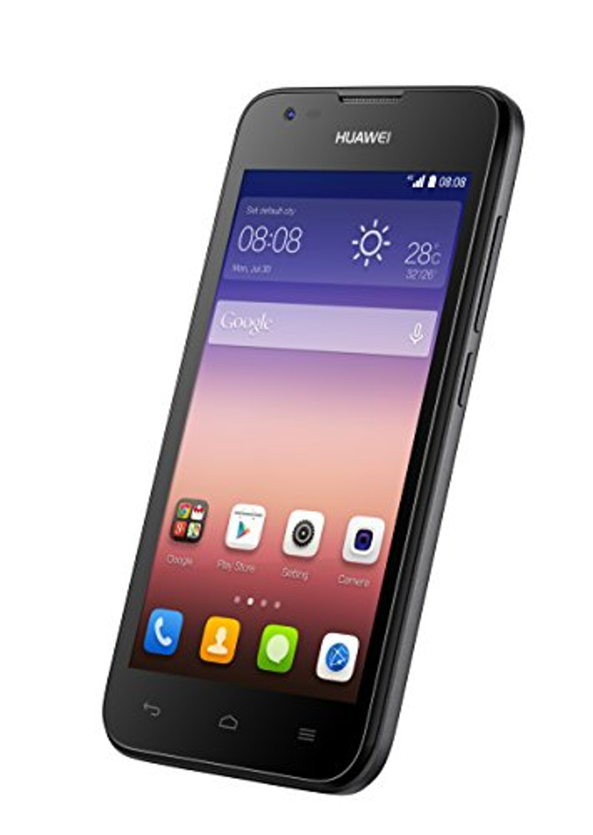 Schwarzes Huawei-Telefon, abgewinkelt, zeigt Uhrzeit, Datum und einige App-Symbole an.