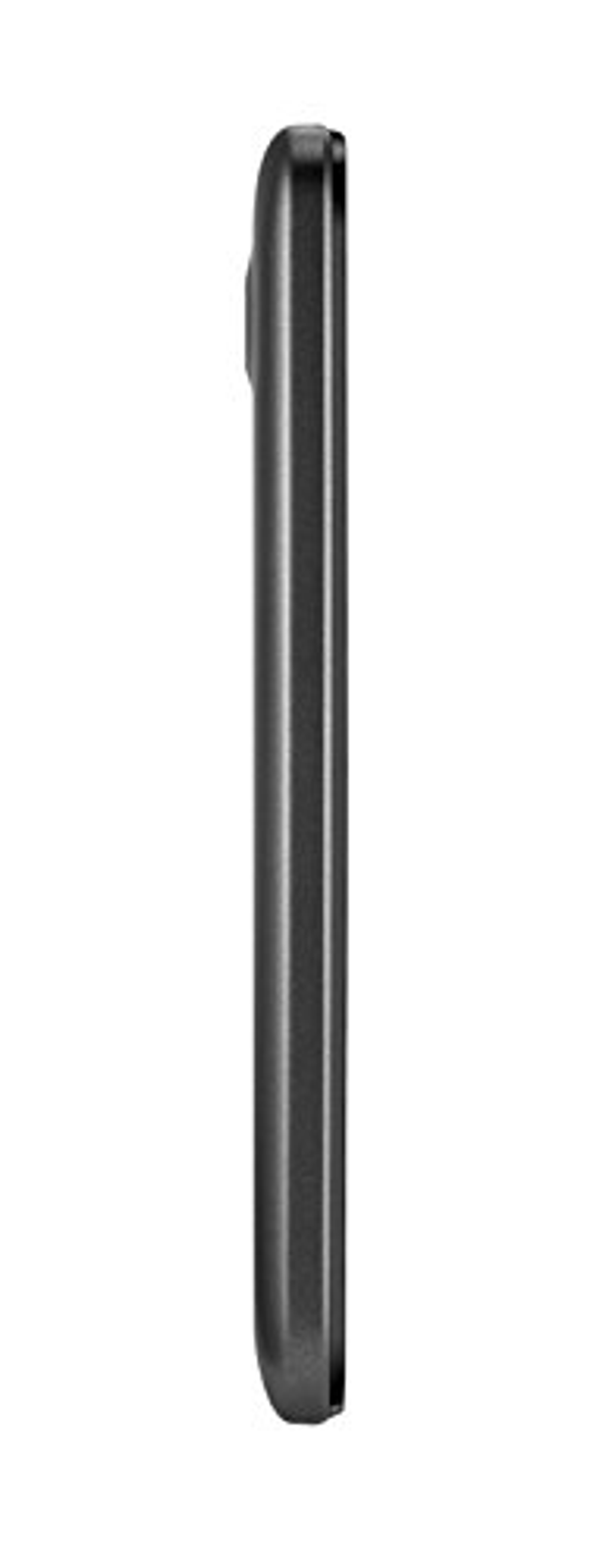 Seitenansicht eines schwarzen Telefons. Einfarbig schwarz. Keine weiteren Merkmale sichtbar.