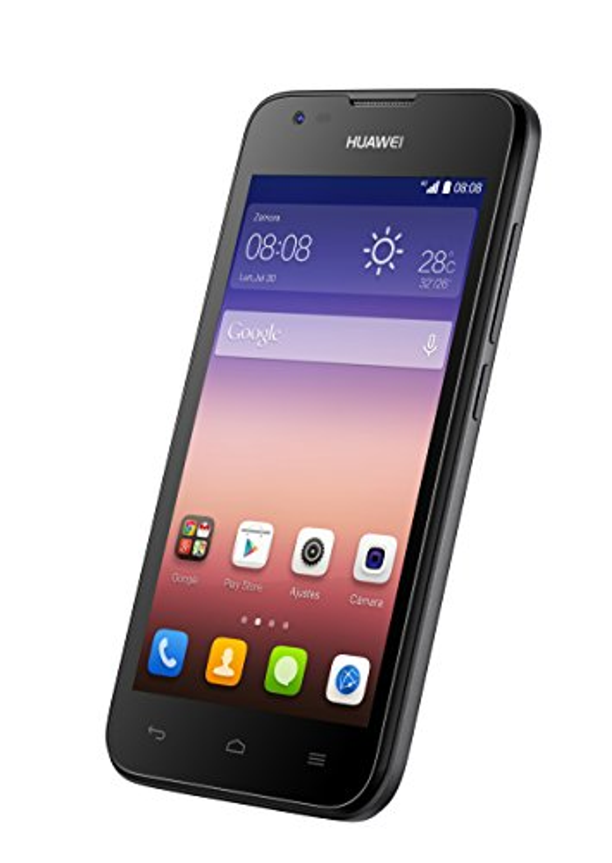 Schwarzes Huawei-Telefon, Vorderansicht, mit Uhrzeit, Datum und App-Symbolen.