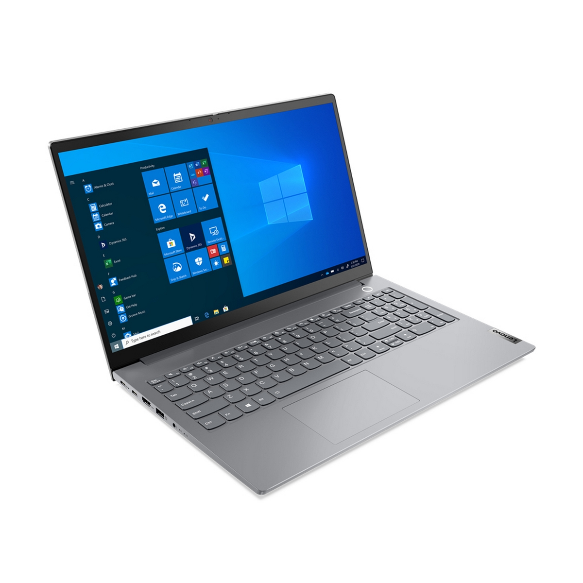 Laptop, aperto, mostra un desktop Windows con icone di app. Logo Lenovo presente.