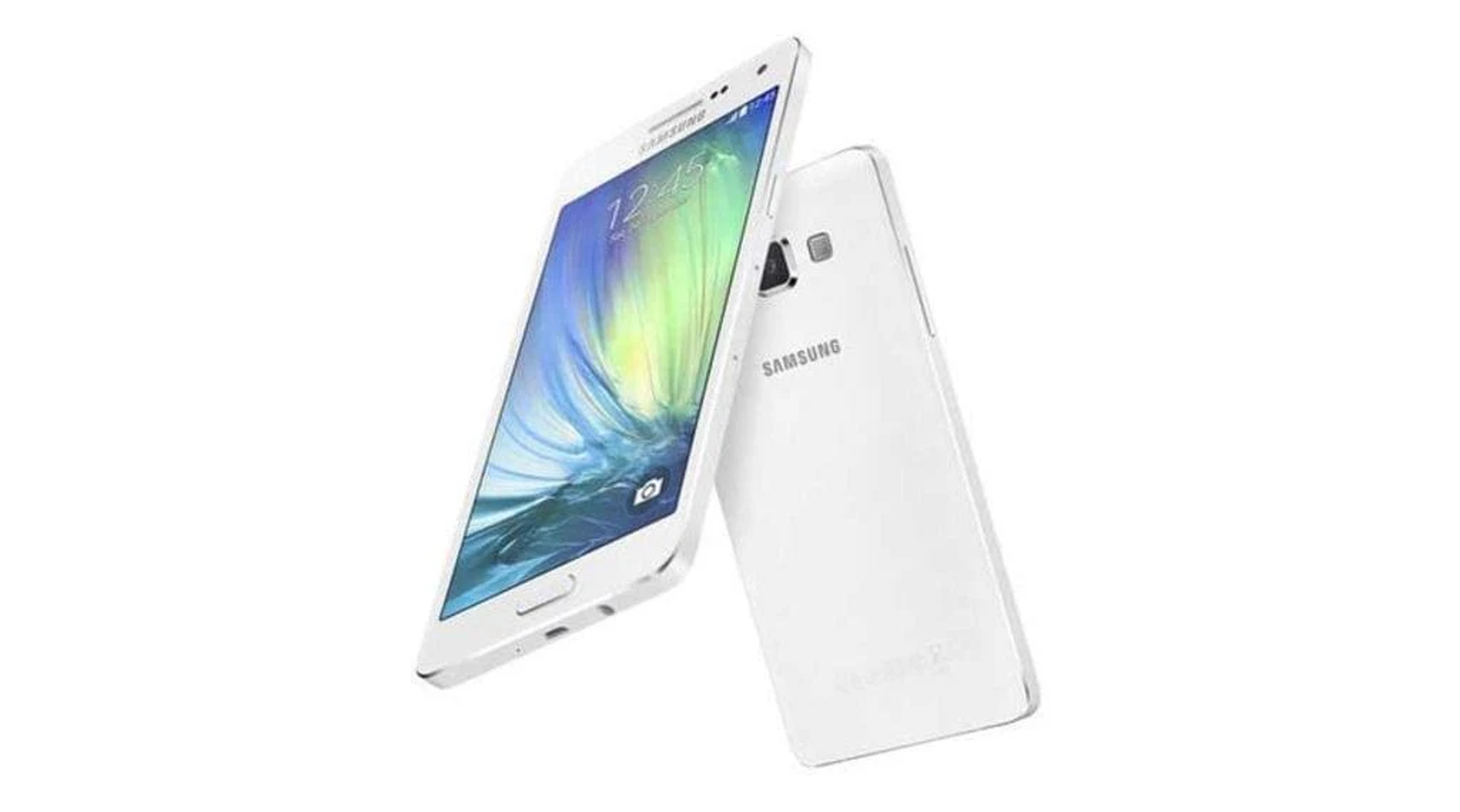 Zwei weiße Smartphones werden gezeigt, eines vorne und eines hinten, beide mit dem Samsung-Logo.