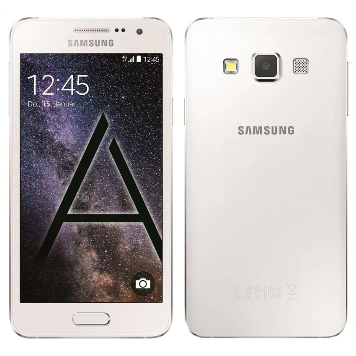 Weißes Samsung Smartphone, Vorder- und Rückansicht, zeigt Zeit und Galaxy-Hintergrund auf dem Bildschirm.
