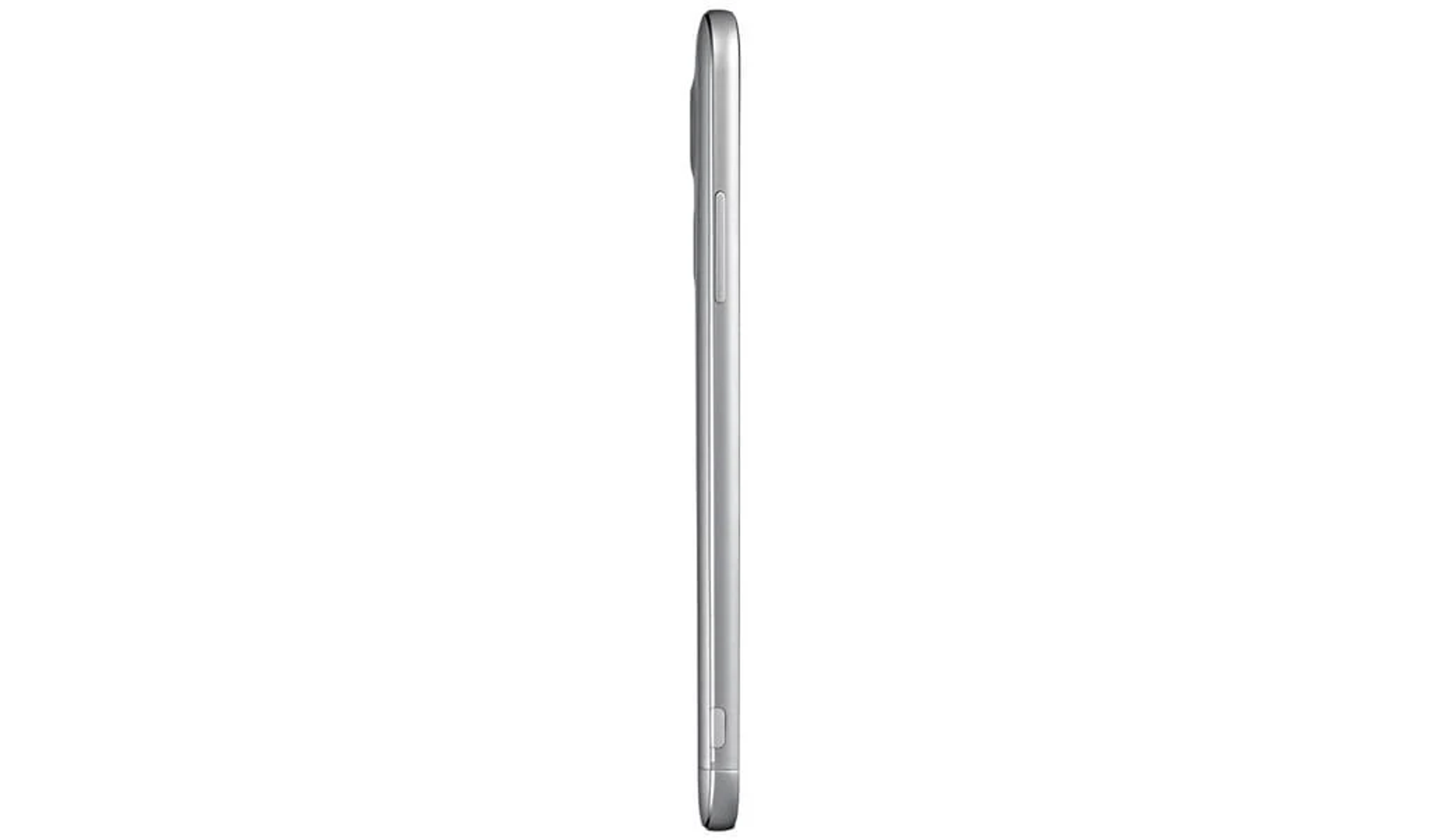 Vista laterale di uno smartphone argentato, che mostra il profilo del bordo su sfondo bianco.