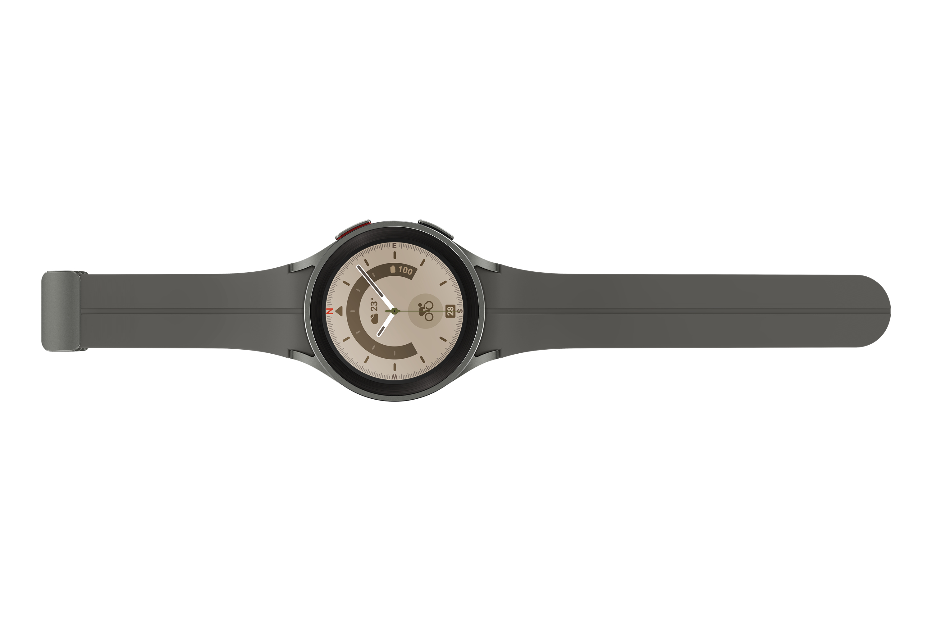 Graue Smartwatch mit grauem Armband, zeigt Uhrzeit und Zifferblatt, liegt auf weißem Hintergrund.