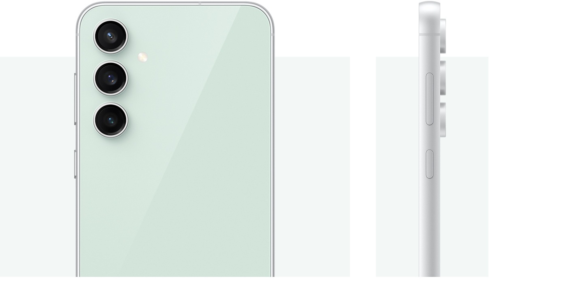 Ein mintgrünes Telefon mit drei Rückkameras und eine Seitenansicht des Telefons mit Knöpfen.