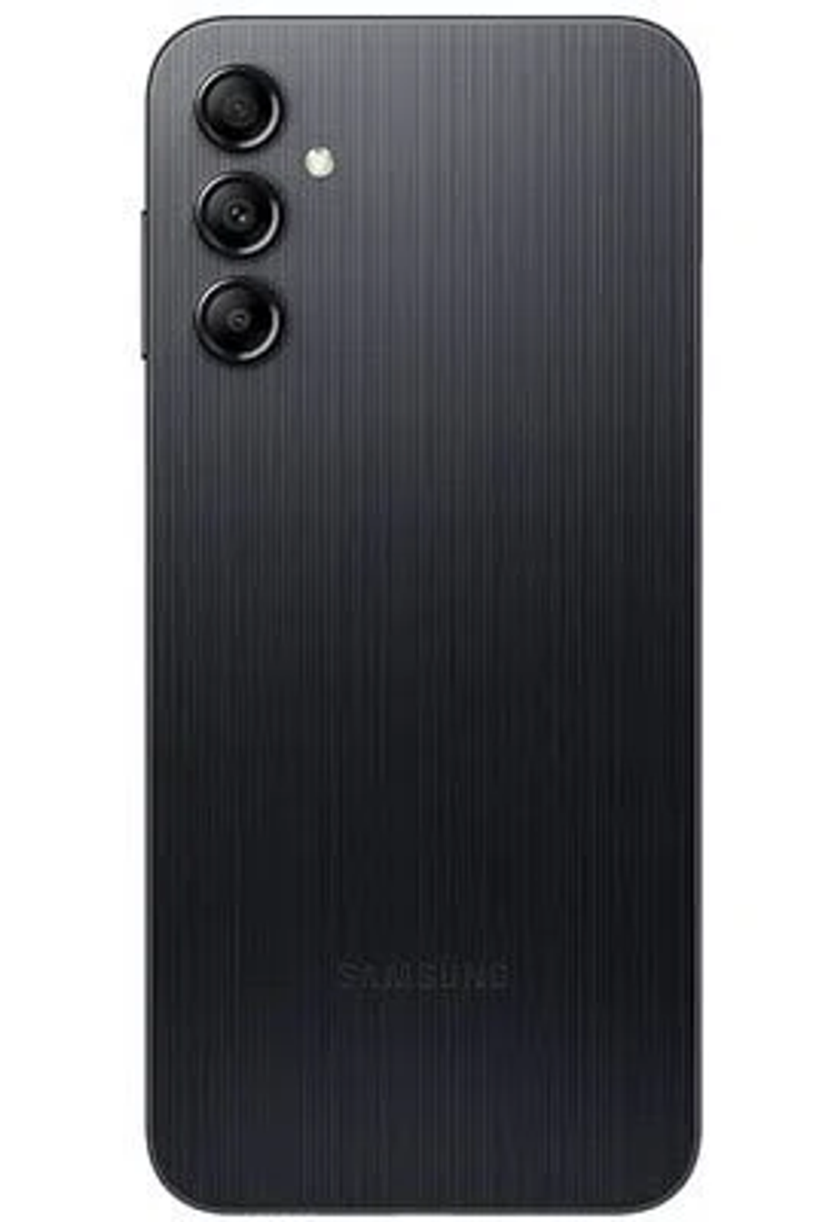 La parte trasera de un teléfono Samsung negro, con una configuración de triple cámara.