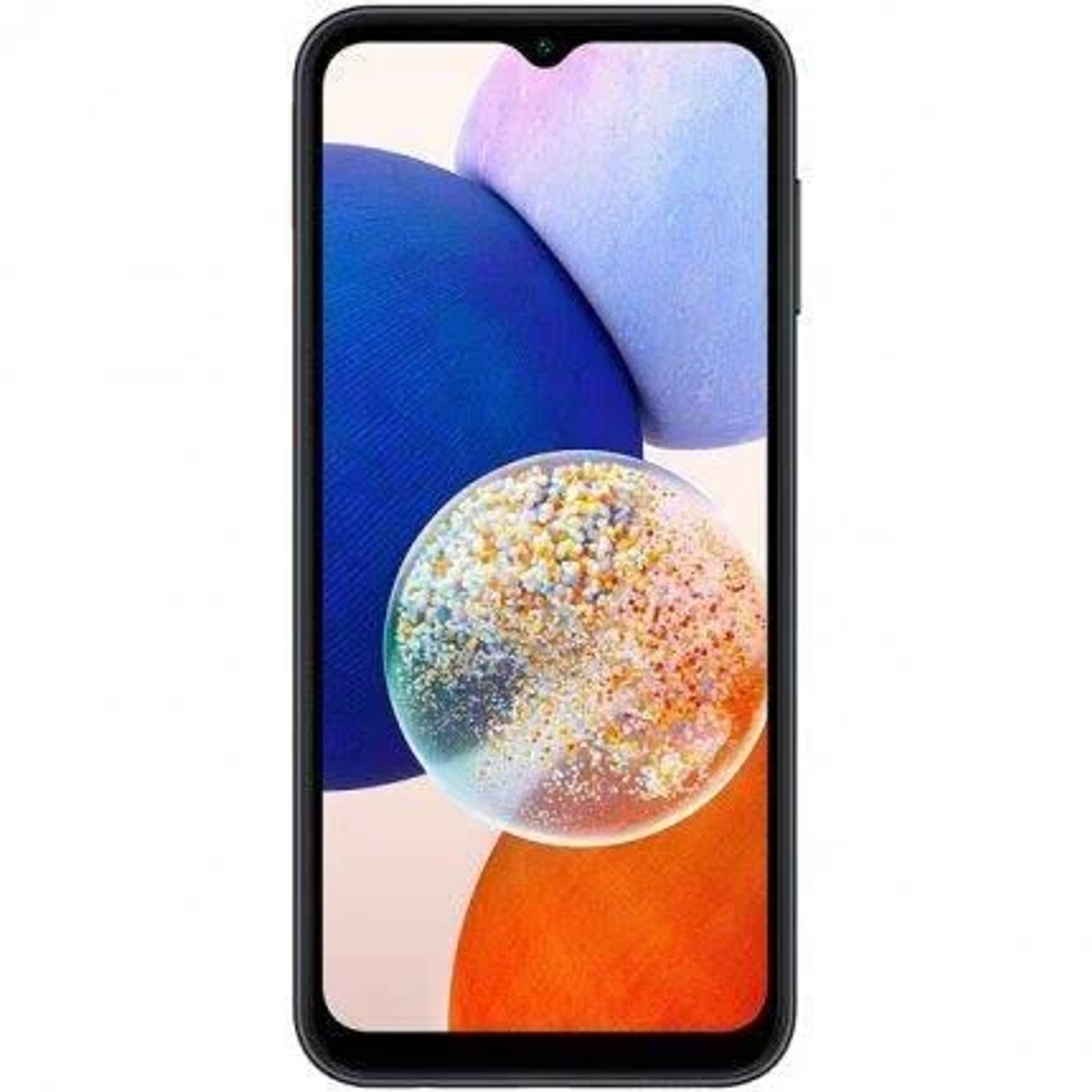 Pantalla de smartphone con formas abstractas de colores azul, blanco y naranja.