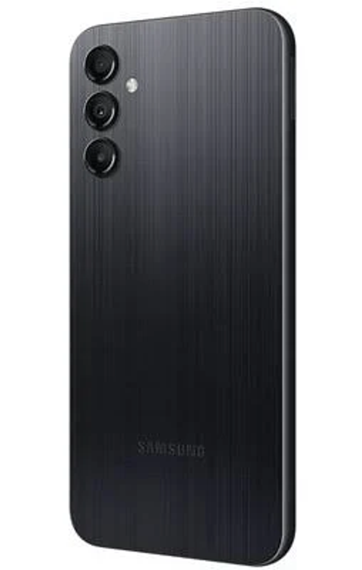 Vista trasera del teléfono Samsung negro. Tiene tres cámaras y un logotipo de Samsung. La superficie tiene un aspecto texturizado.