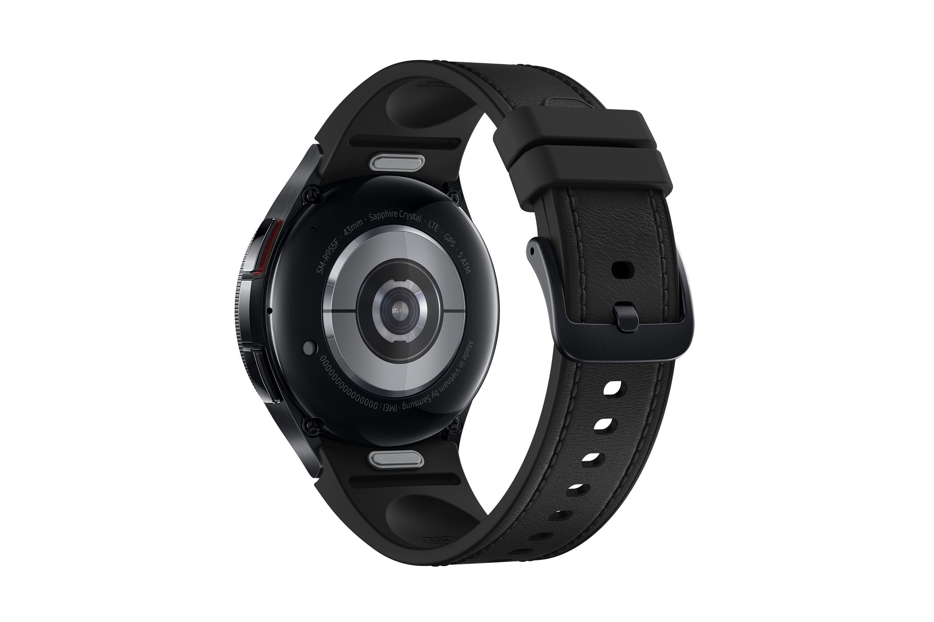 Il retro di uno smartwatch nero con cinturino in pelle nera. Il retro ha etichette e un sensore.