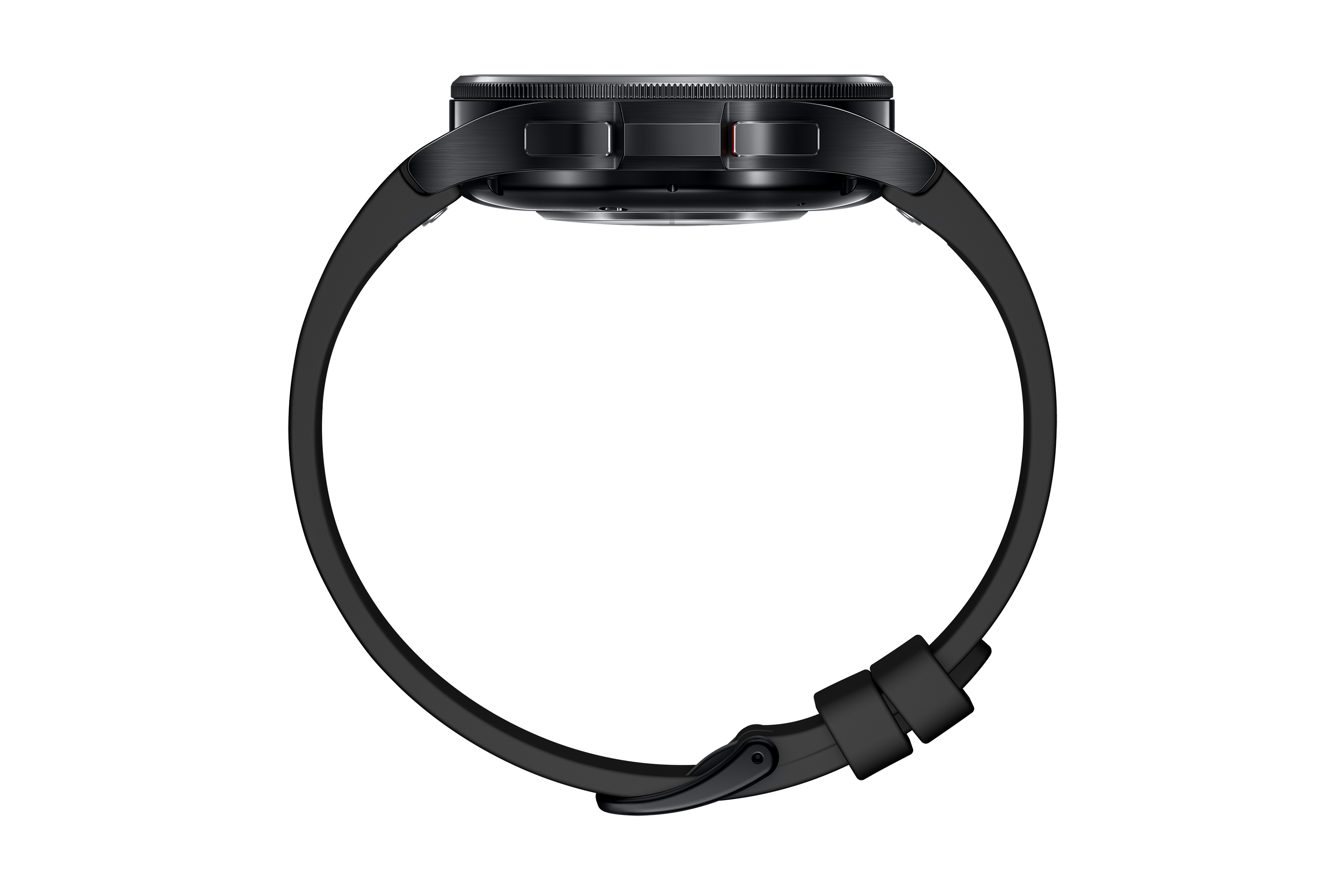 Smartwatch nero con cinturino nero. L'orologio è visto lateralmente. Sfondo bianco.