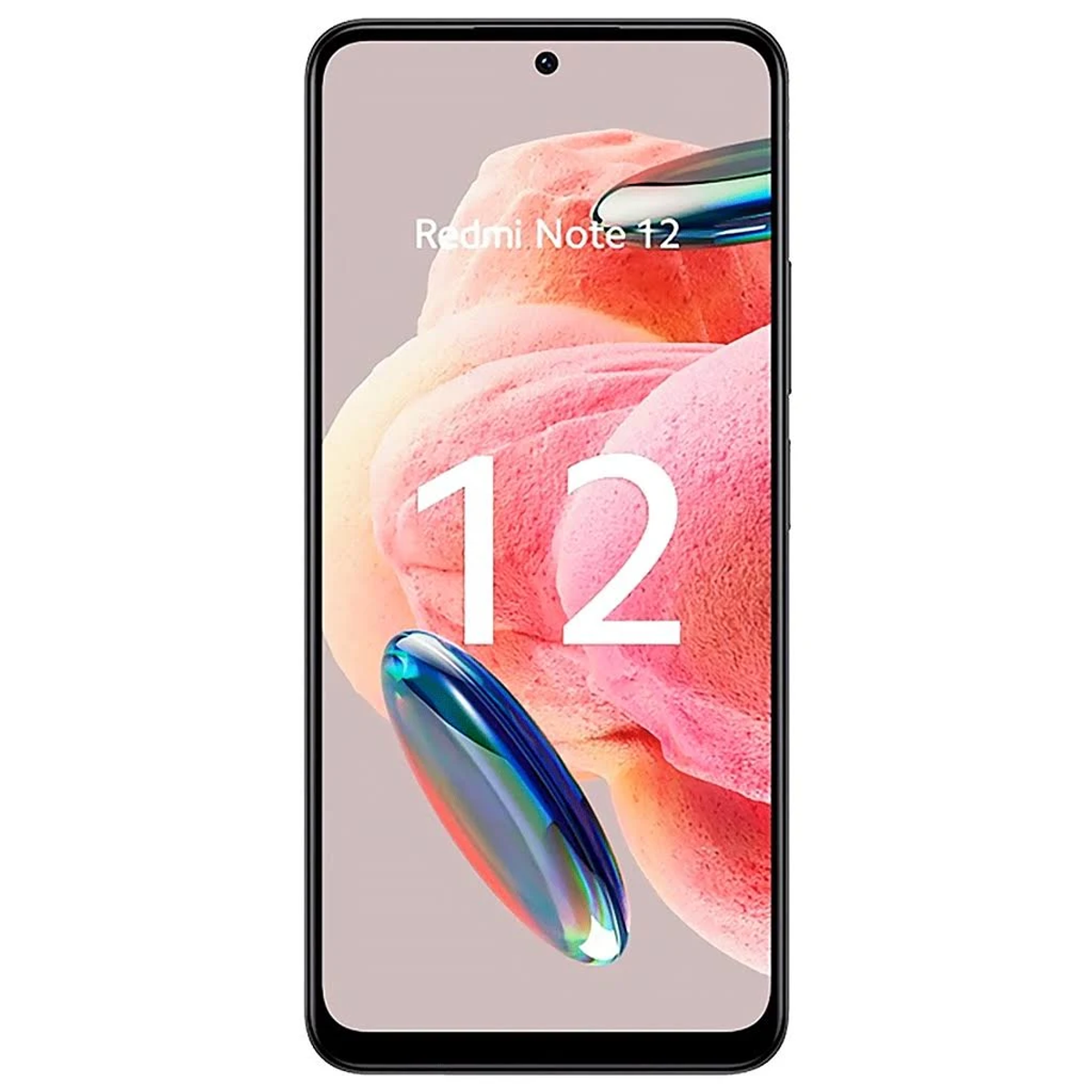 Telefon Redmi Note 12 z ekranem wyświetlającym cyfrę 12. Tło jest gradientowe.