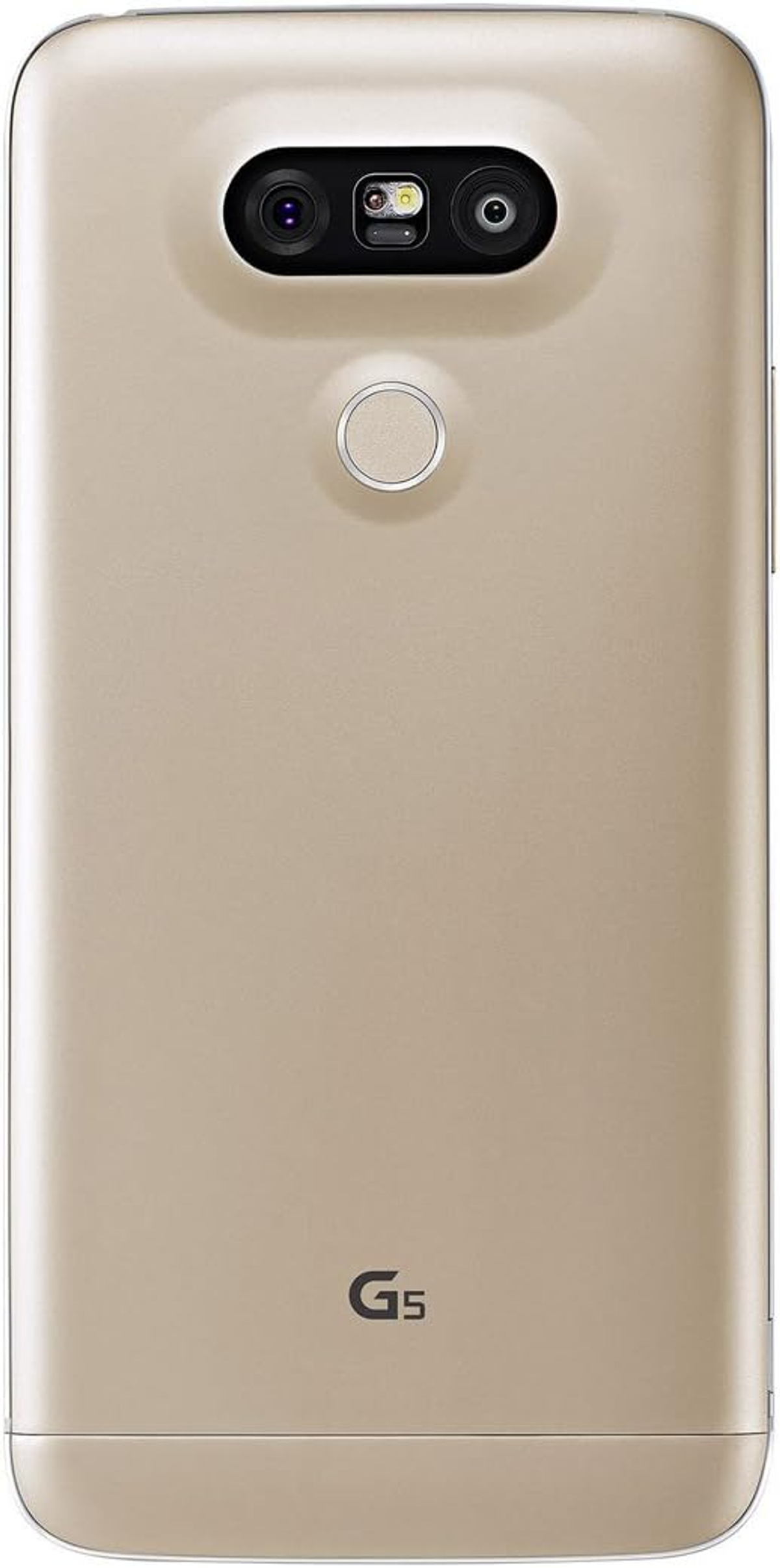 Vista posteriore dello smartphone LG G5 color oro. Presenta due fotocamere e un sensore di impronte digitali rotondo.