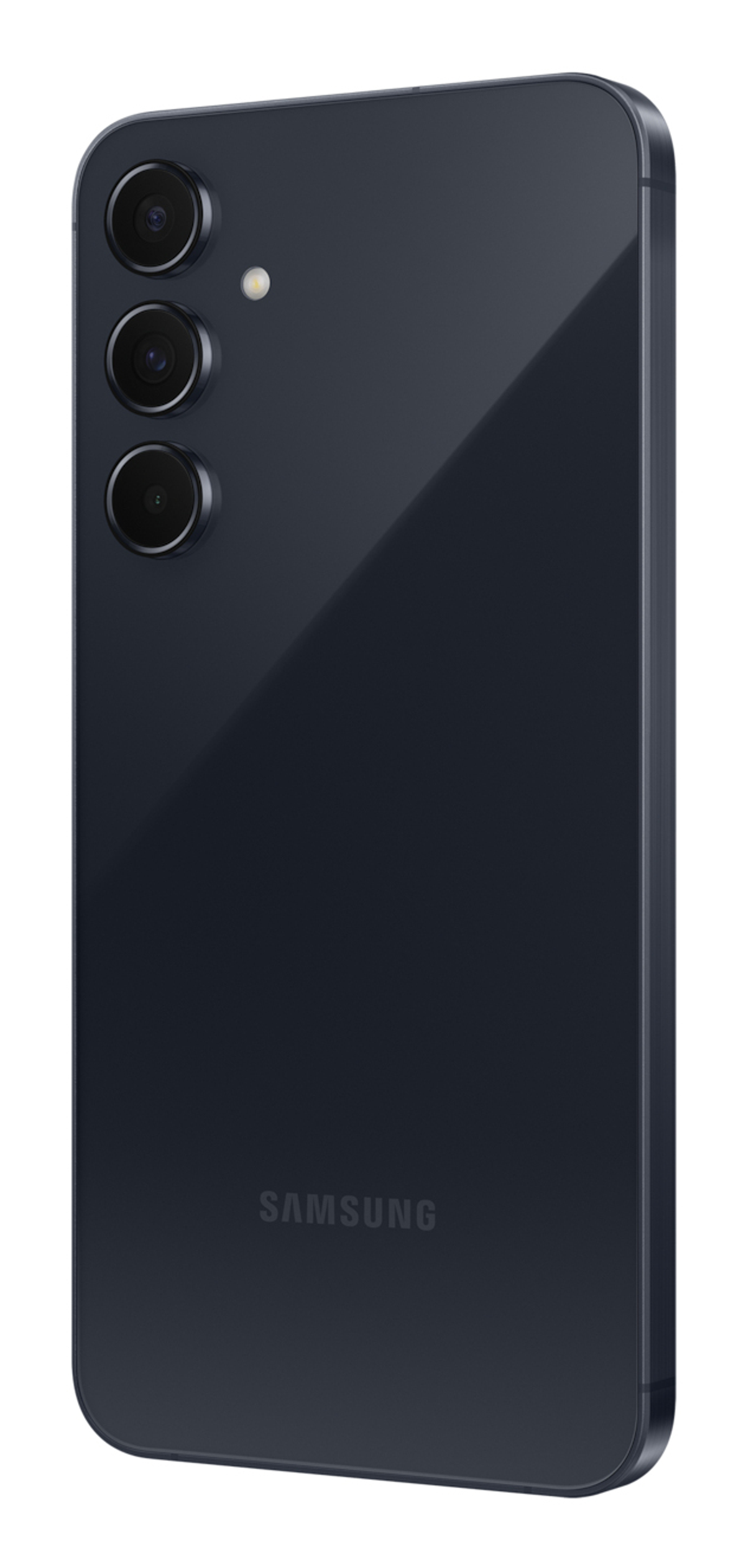 Tył czarnego telefonu z trzema aparatami i logo Samsung.