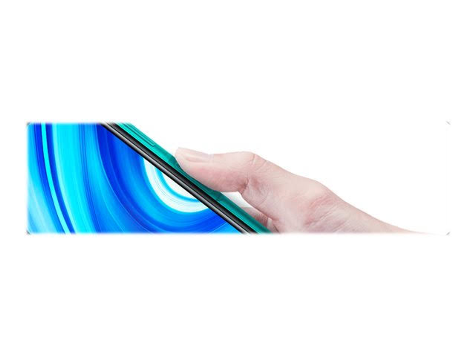Eine Hand, die ein Smartphone mit blau-weißem Wirbelhintergrund hält.