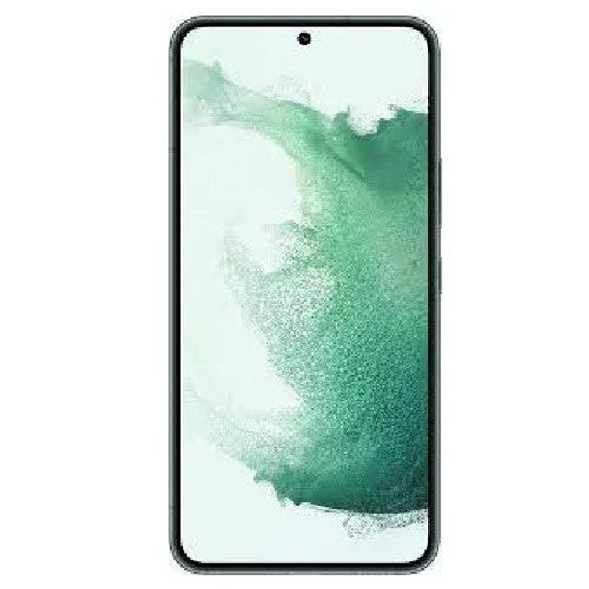 Vista frontale dello smartphone con sfondo astratto verde e bianco.