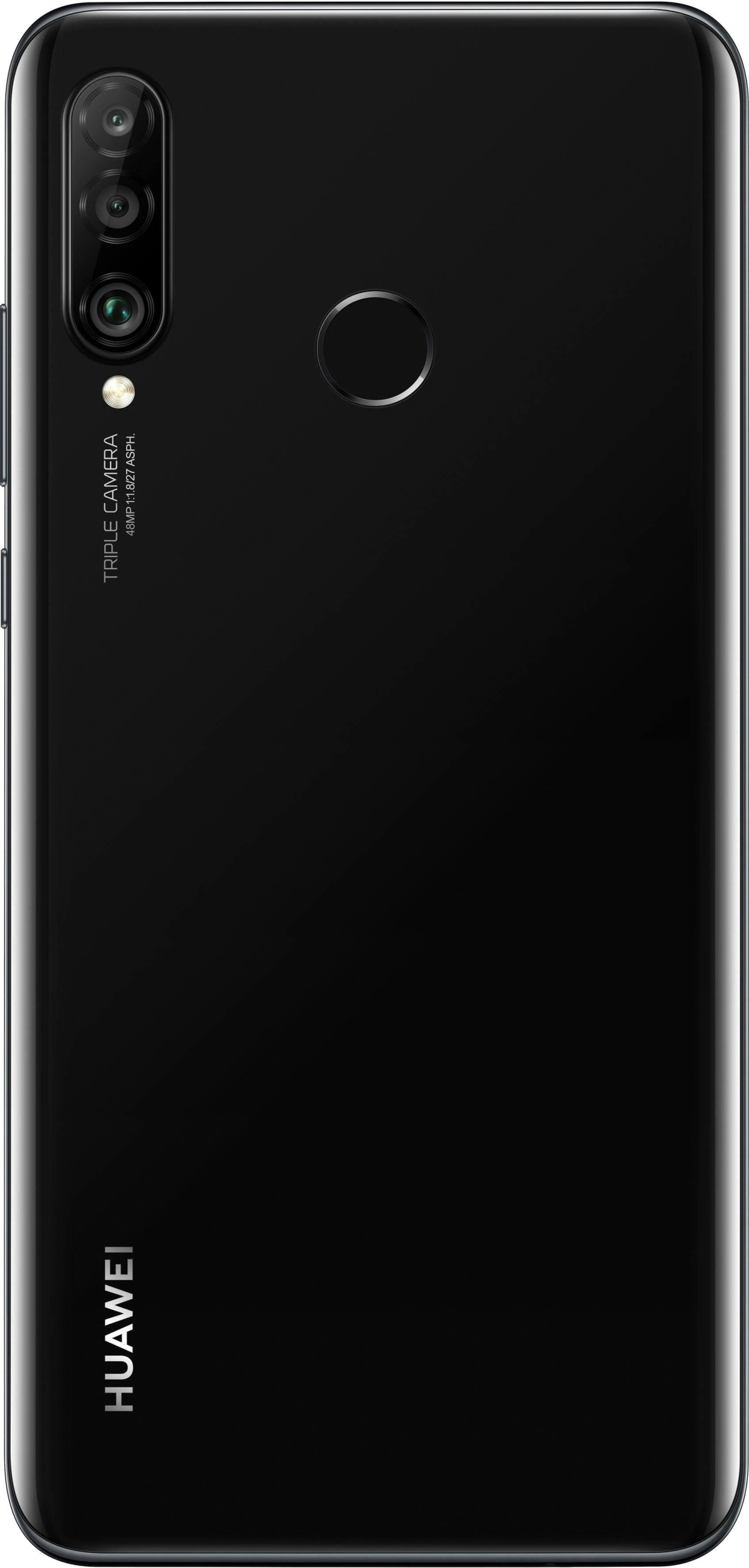 Schwarze Telefonrückseite mit Dreifachkamera und Huawei-Logo.