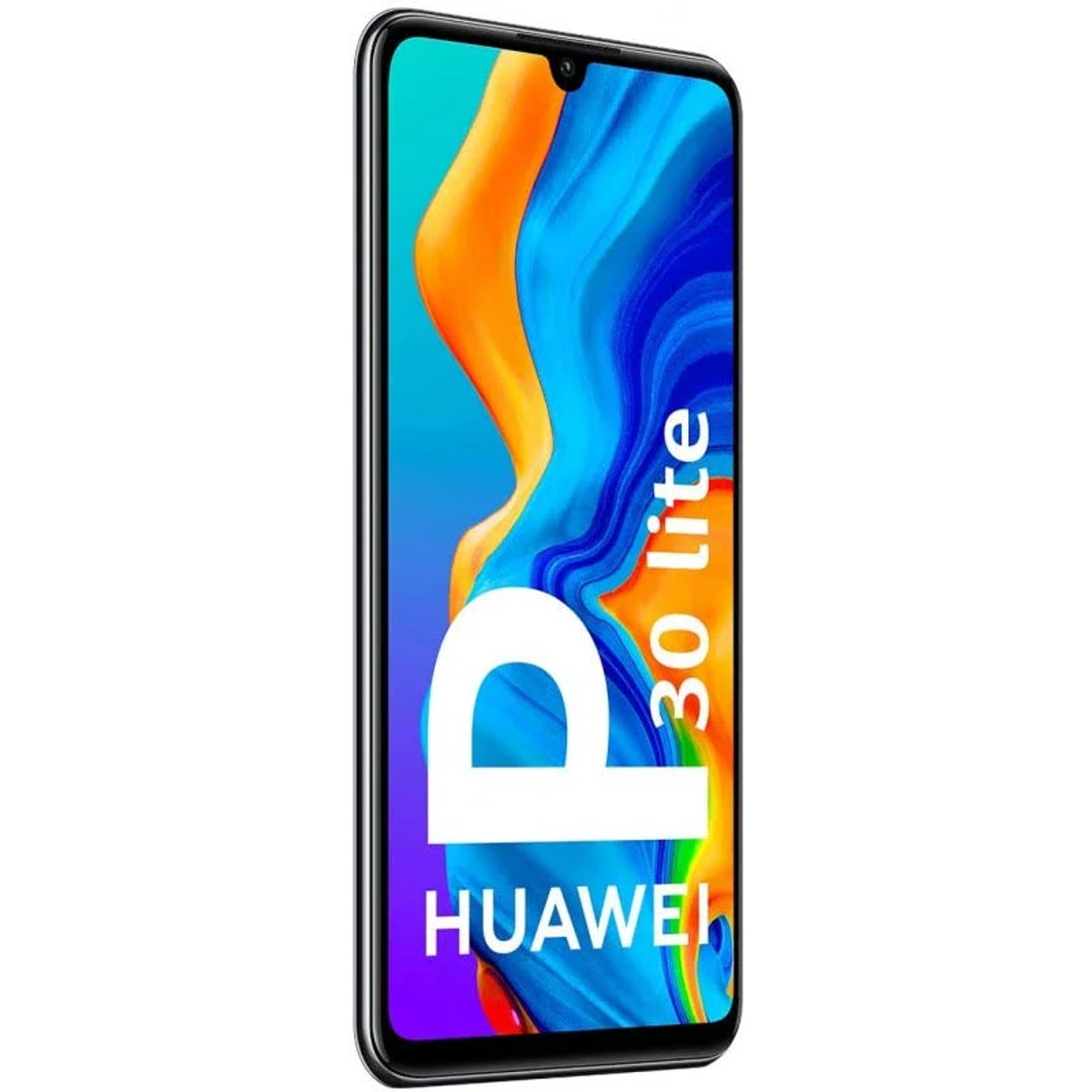 Ein Huawei-Telefon, das die Vorderseite mit dem Text 'P30 lite' zeigt. Orange und Blau sind prominent.