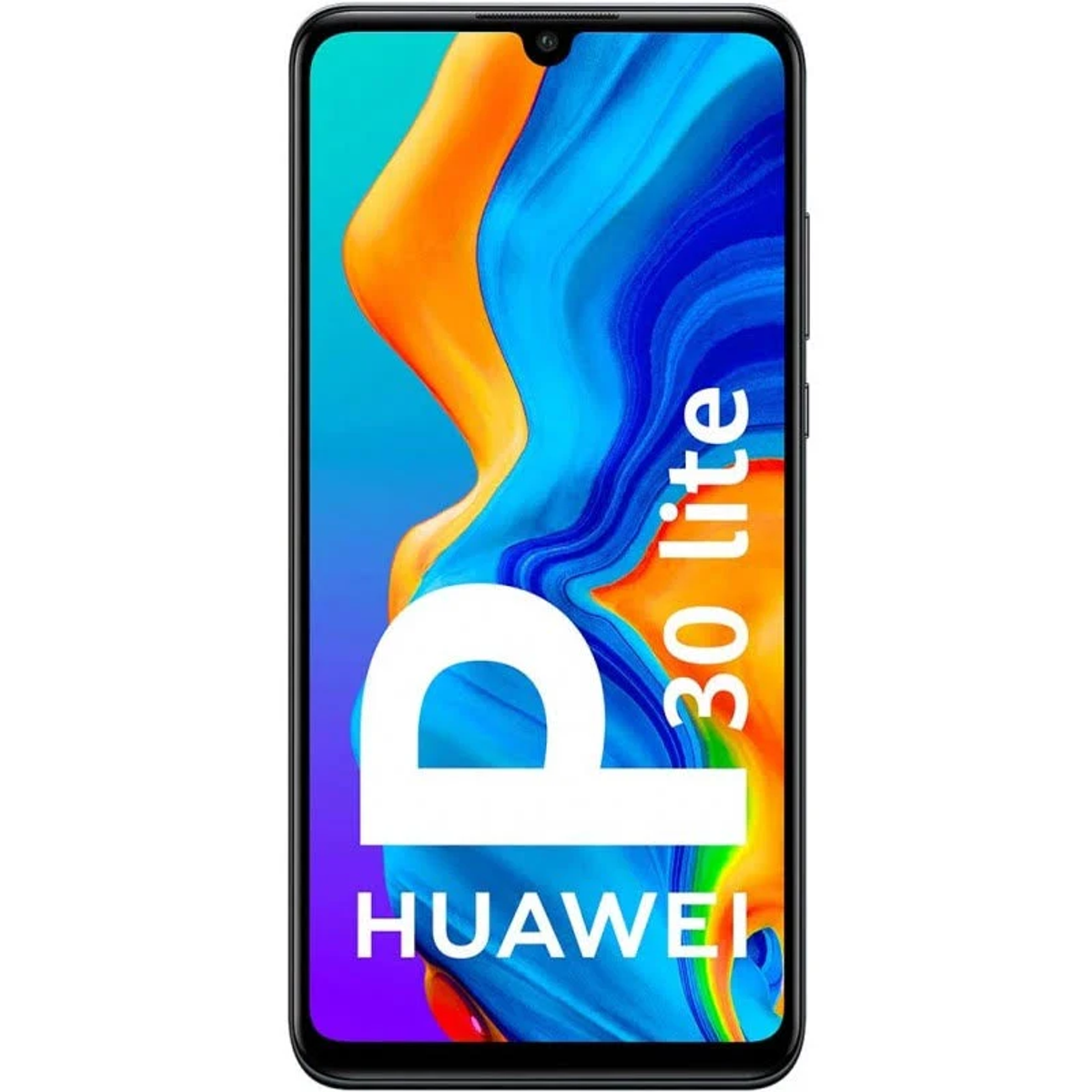Huawei P30 lite Smartphone, Vorderansicht. Buntes Display mit Markennamen.
