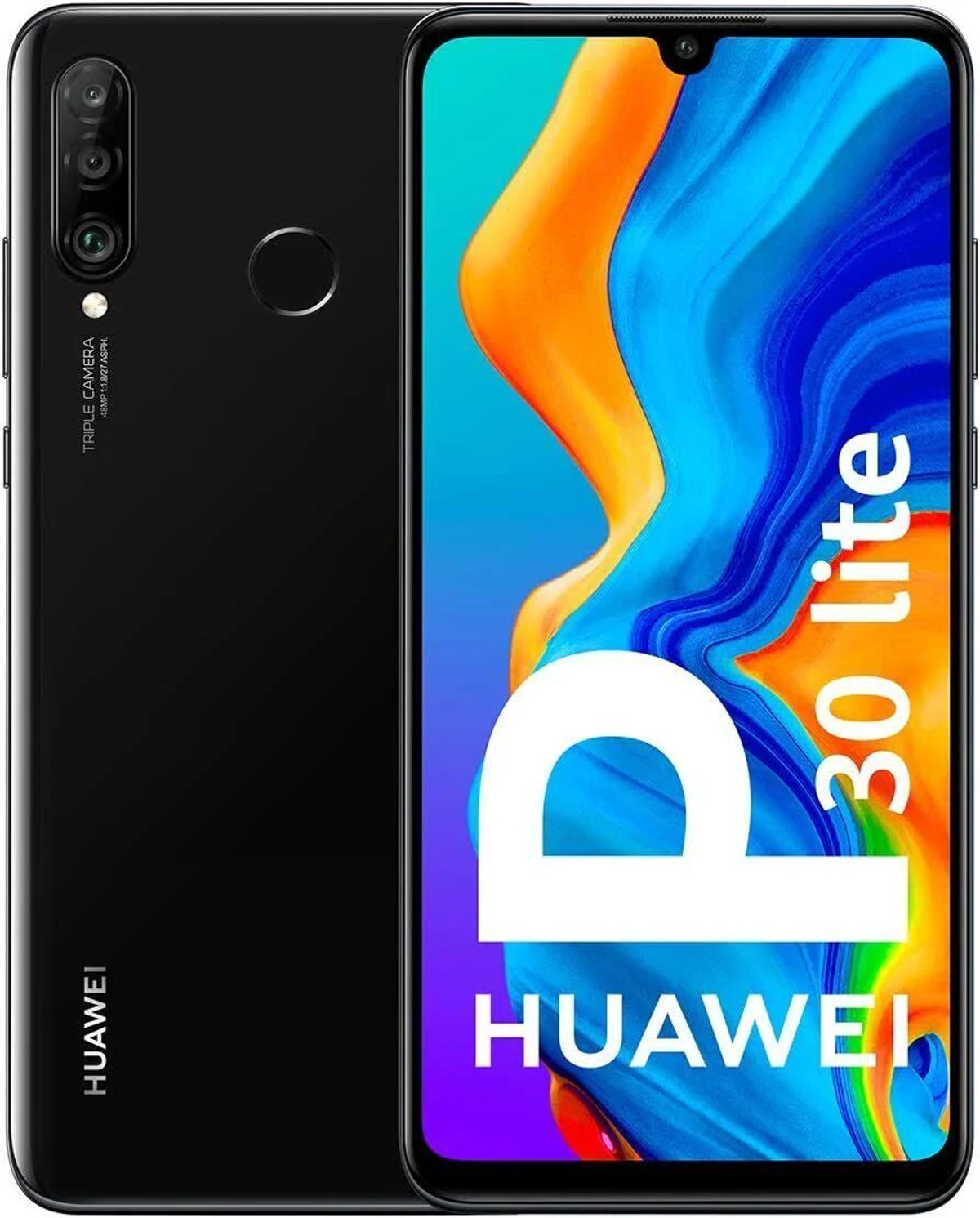 Schwarzes Smartphone mit drei Rückkameras, Markenname und Bildschirmanzeige.