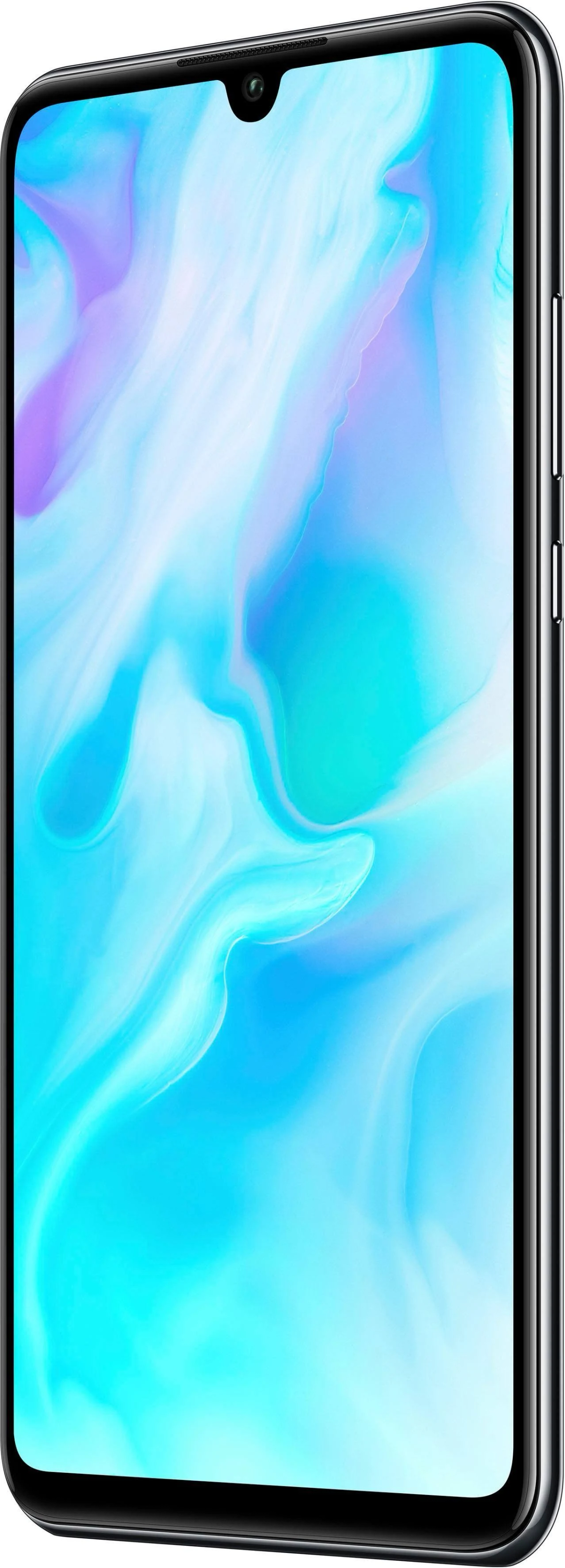 Ein Smartphone mit weißem Rahmen und einem Bildschirm, der ein blaues und violettes abstraktes Design zeigt.