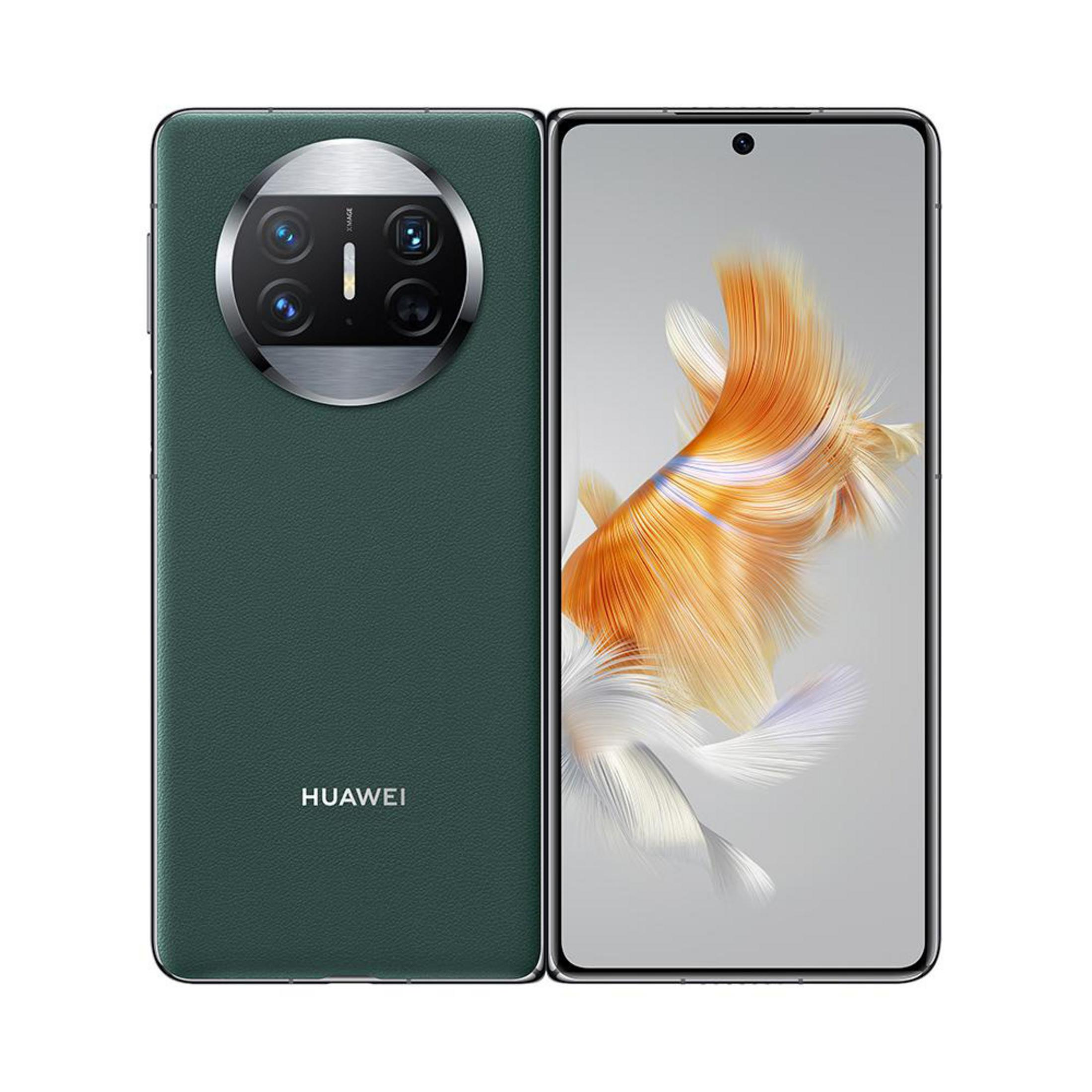 Téléphone vert, vue arrière, avec un module caméra. Logo Huawei visible.