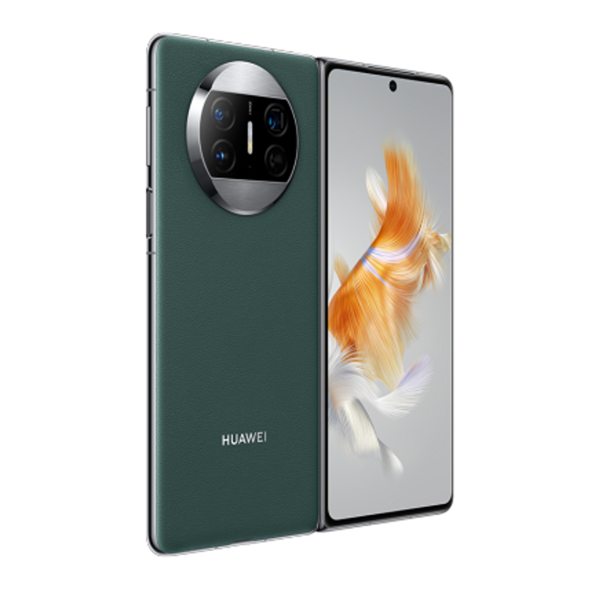 Dos vert d'un téléphone pliable avec module caméra et la marque HUAWEI.