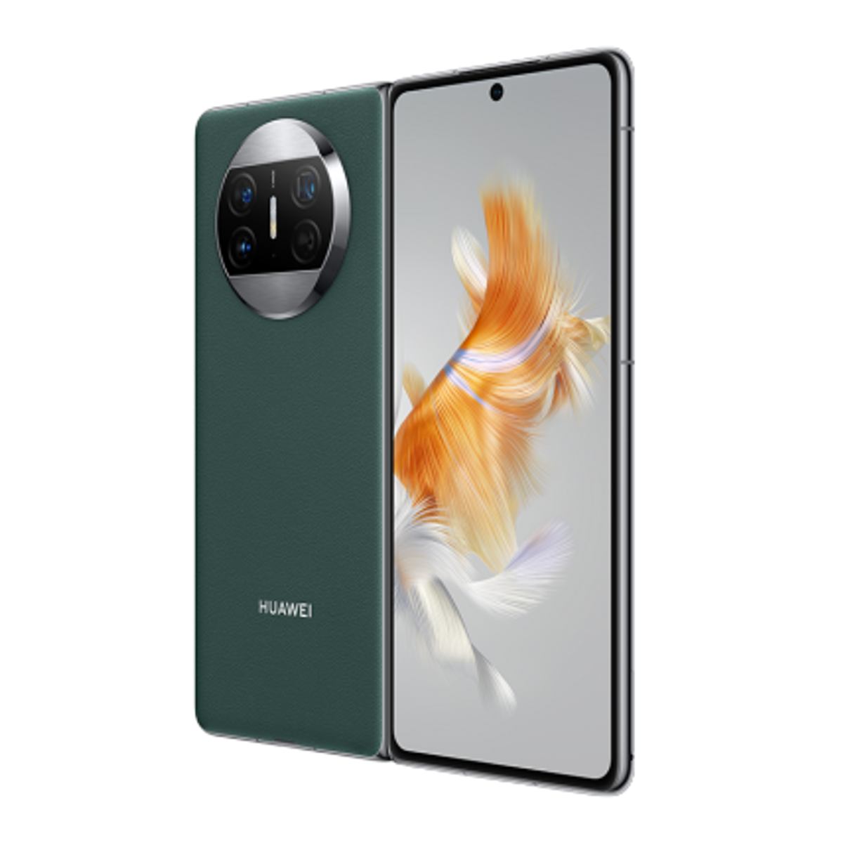 Un téléphone Huawei vert avec un grand module de caméra circulaire et un écran affichant une image abstraite colorée.