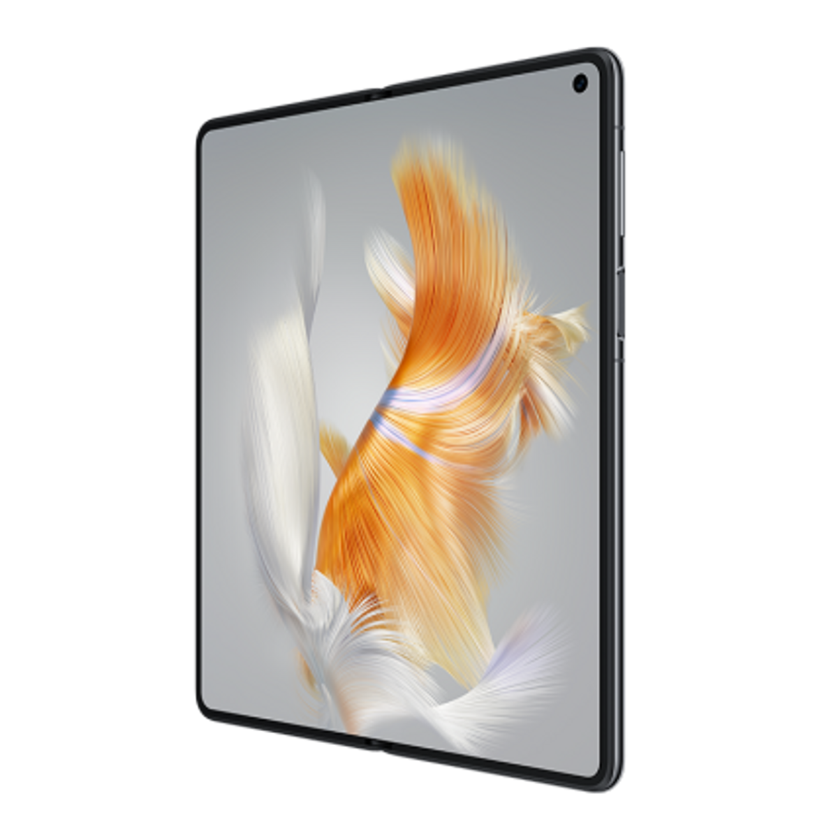 Tablette avec art abstrait flottant orange et blanc sur fond gris.