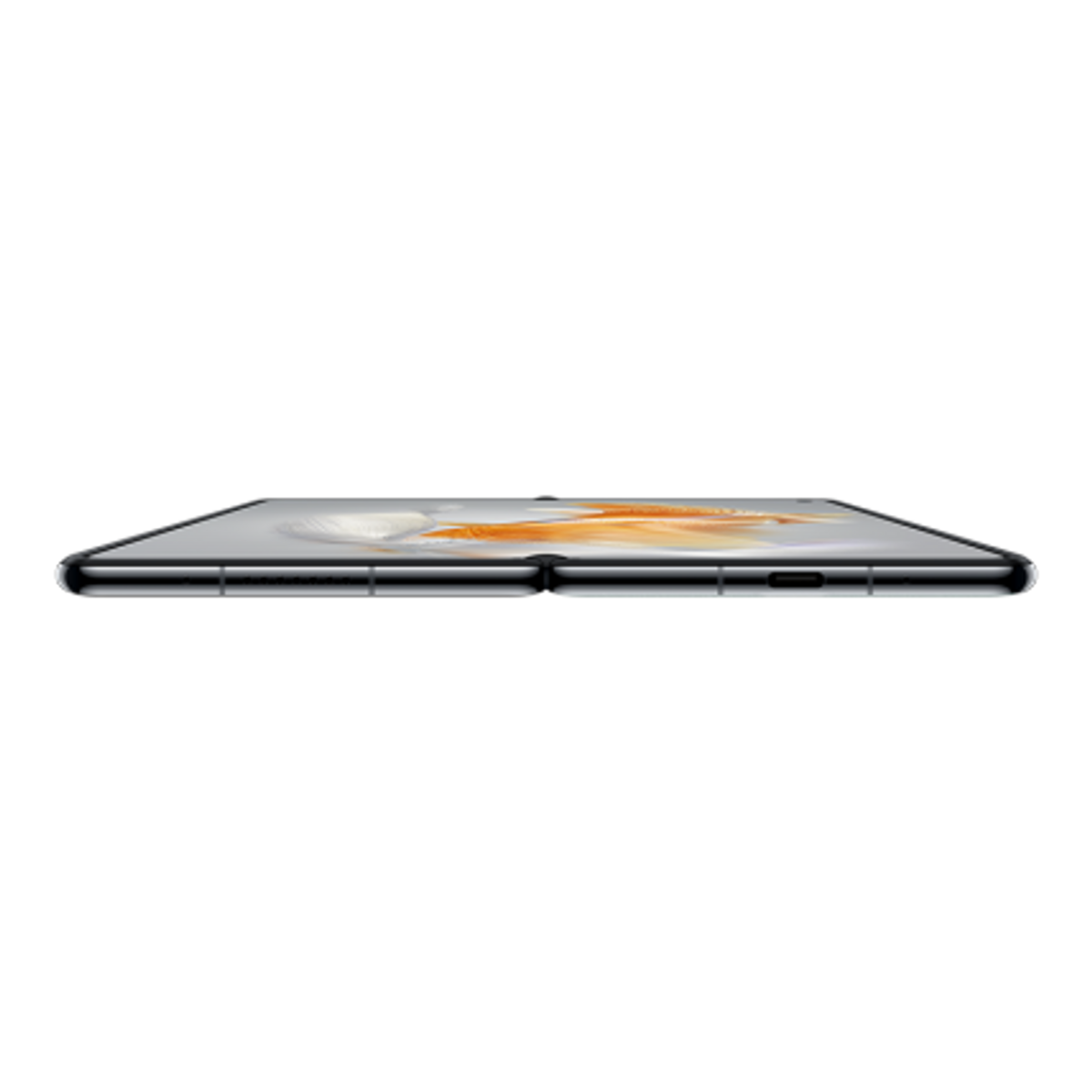 Smartphone pliable de côté, montrant la charnière et le bord de l'écran, sur fond noir.