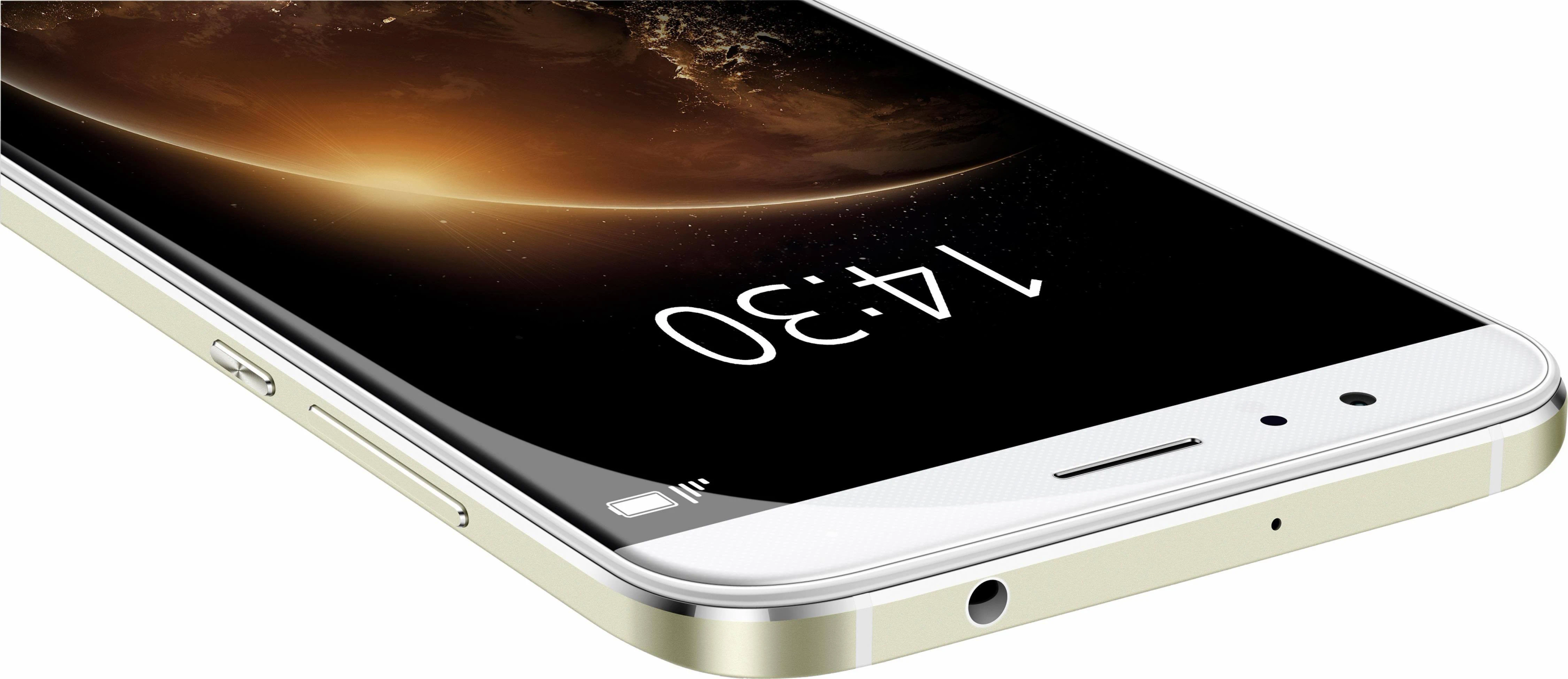 Smartphone zeigt 14:30 Uhr auf dem Bildschirm. Es hat einen weißen Rahmen und ein goldfarbenes Gehäuse.