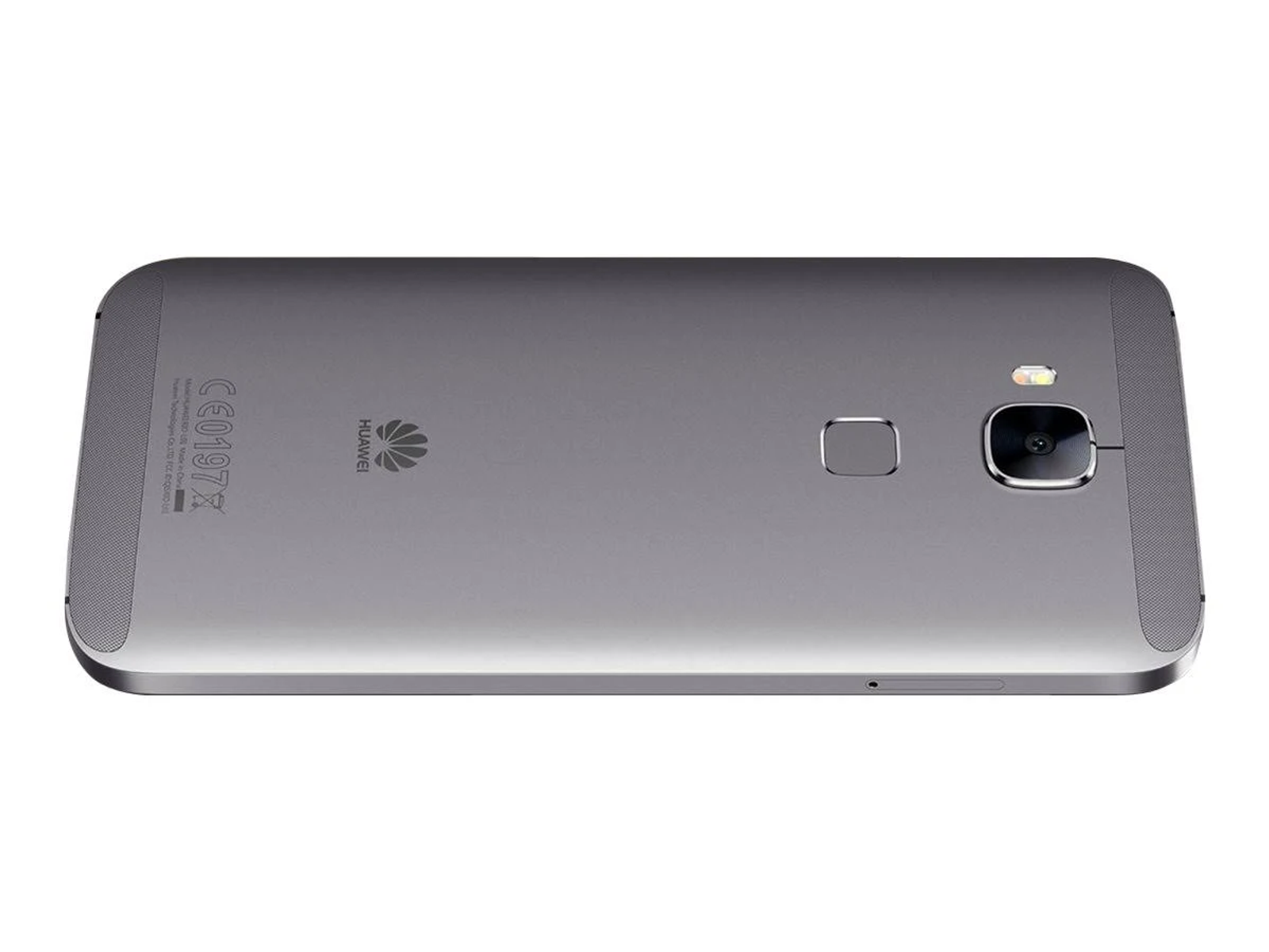 Ein silbernes Smartphone, Rückseite nach oben, mit Kamera und Huawei-Logo.